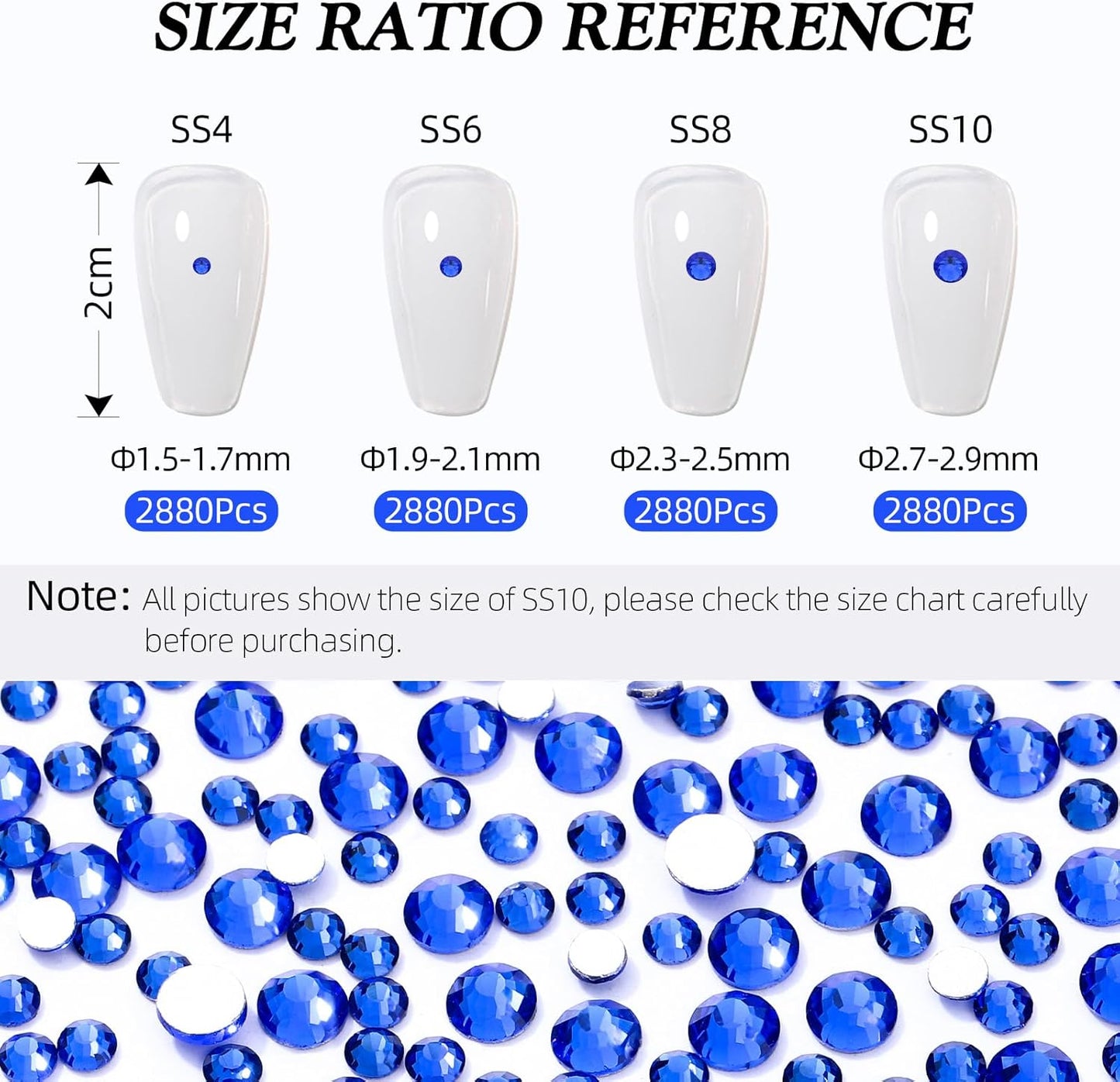 Sapphire Flatback Rhinestones, Glass Rhinestones for Nail Art and Craft, Glue Fix, Loose Crystal Gemstones(Blue, SS6, 2880pcs, 1.9-2.0mm)