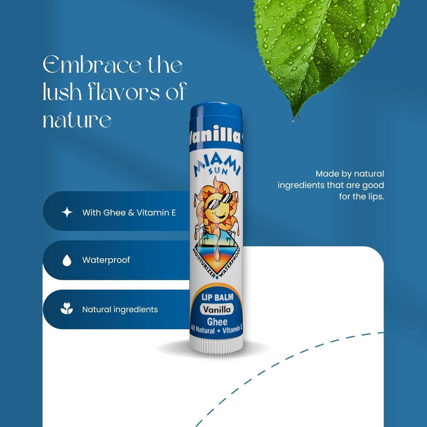 Miami Sun Natural Ghee Lip Balm, Hydrating Lip Treatment with Shea Butter & Beeswax, Organic & Non-Toxic, Best for Dry, Chapped Lips - Moisturizing, Healing, Chemical-Free Lip Care (4 Count, Vanilla)