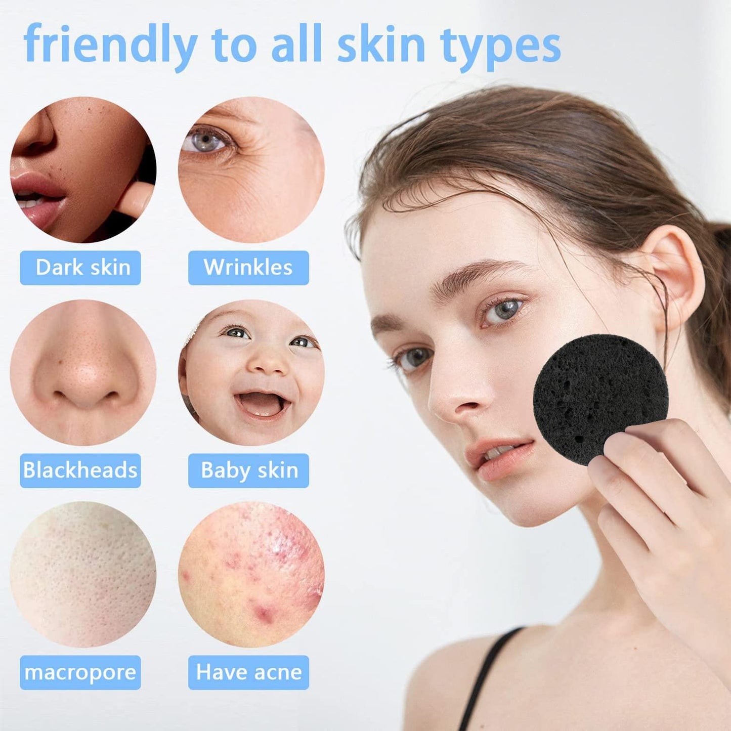 100-Count Facial Sponges Compressed Natural Cellulose Sponge Round Shape Face Sponge for Face Cleansing Exfoliating and Makeup Removal, Black