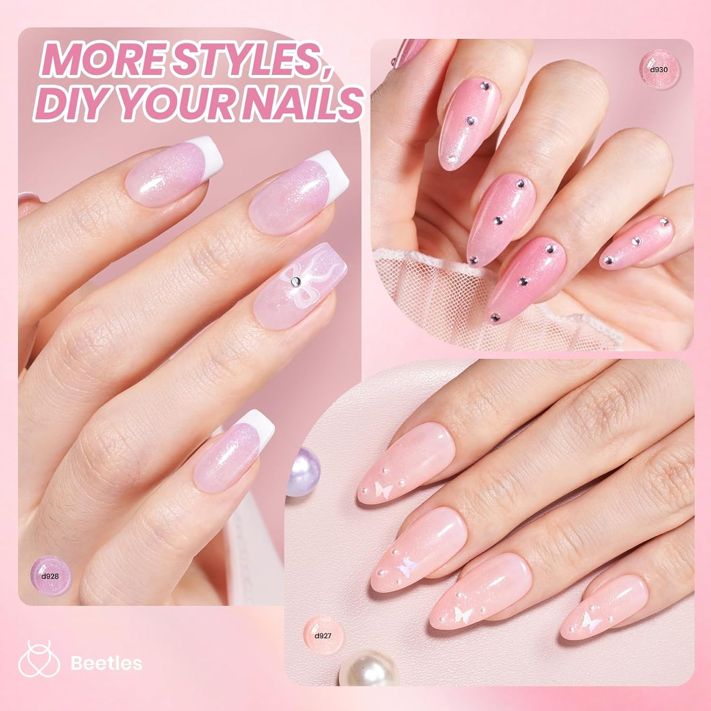 Beetles Pink Glitter Gel Polish Set - 6 Colors Jelly Gel Polish Kit Shimmer Pink Sheer Translucent Effect Soak off UV Nail Concealer Summer French Nail Art Salon Manicure Gift for Women