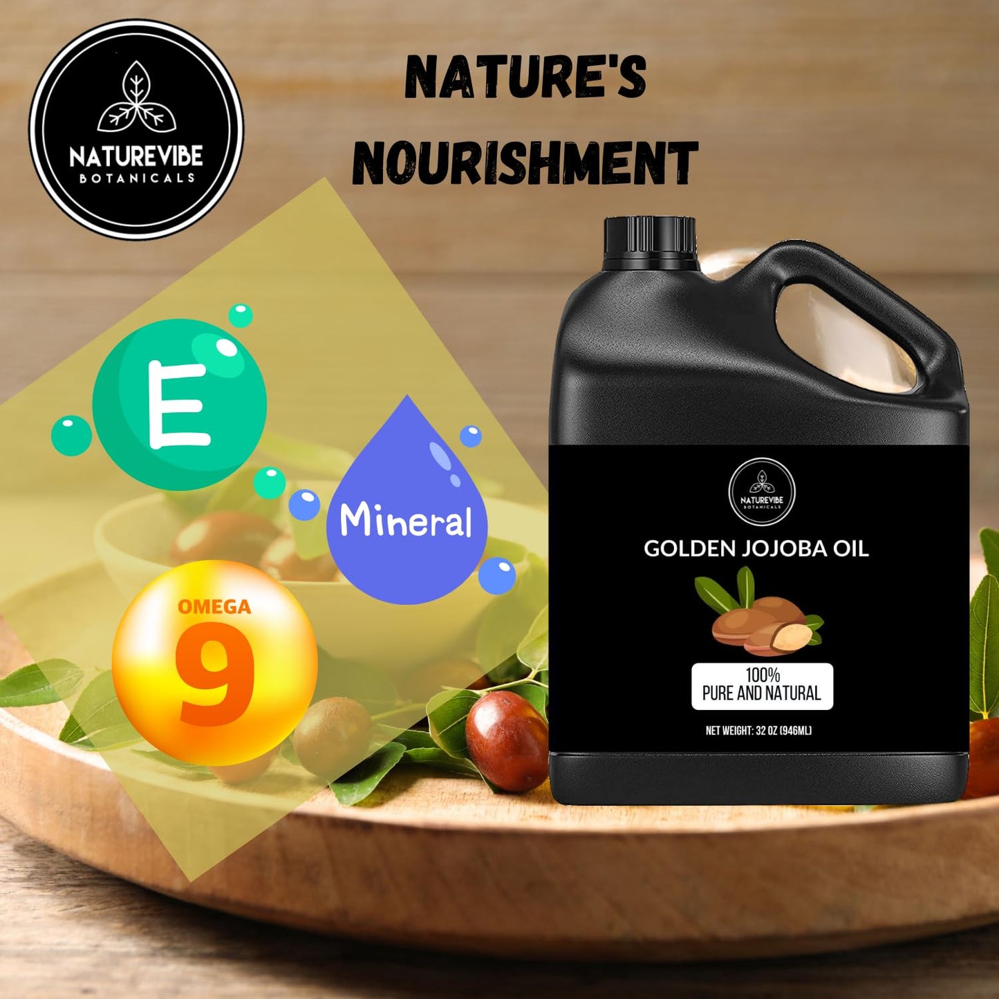 Naturevibe Botanicals Golden Jojoba Oil 32 oz – 100% Pure, Cold-Pressed Moisturizer for Skin & Hair | Antioxidant-Rich, Non-Greasy, Carrier Oil & Daily Hydration