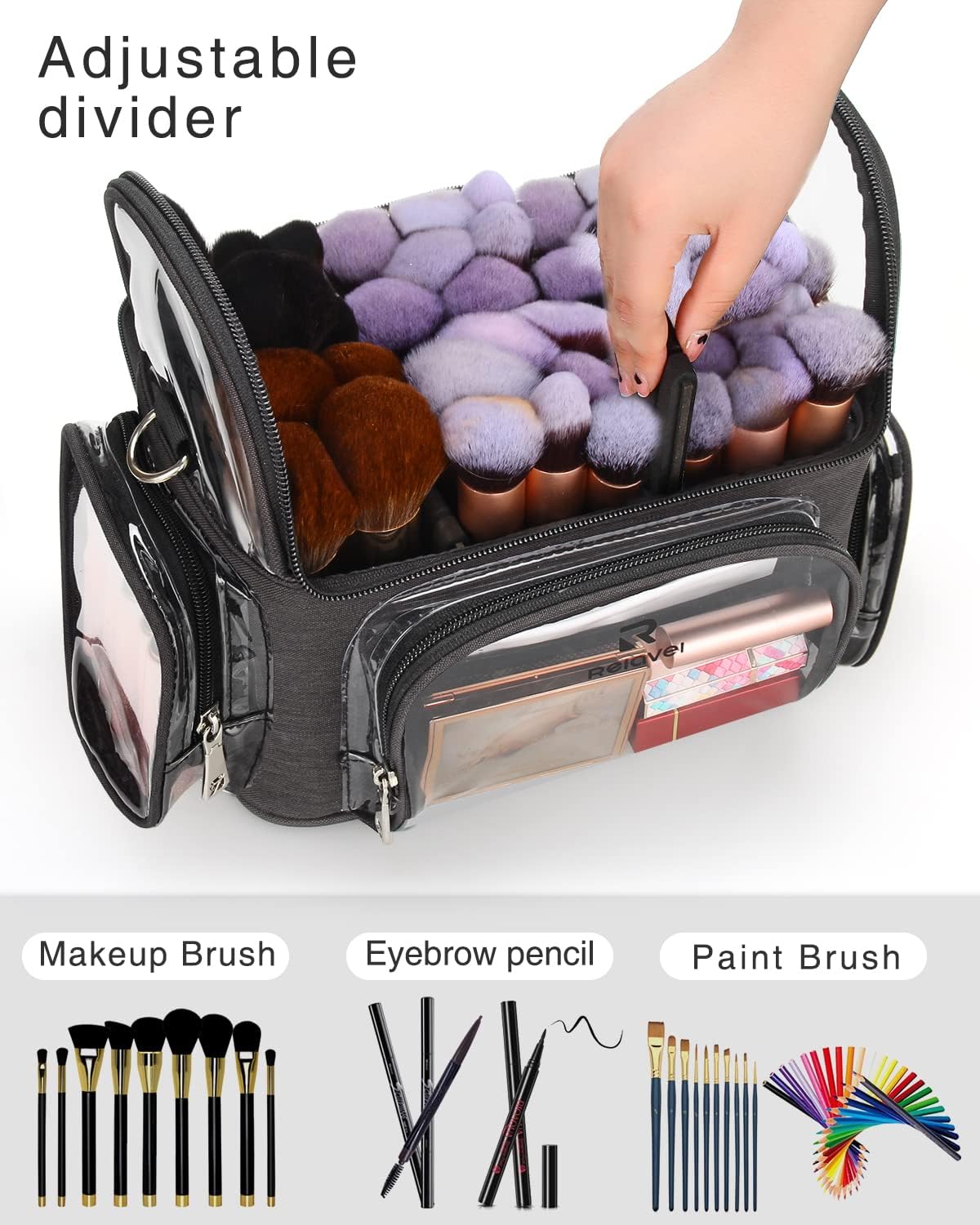 Makeup Brush Case, Large Makeup Brush Holder Professional Makeup Artist Travel Case Clear Waterproof Cosmetic Organizer Bag, Full Open Easy to Access, with Adjustable Strap and Dividers