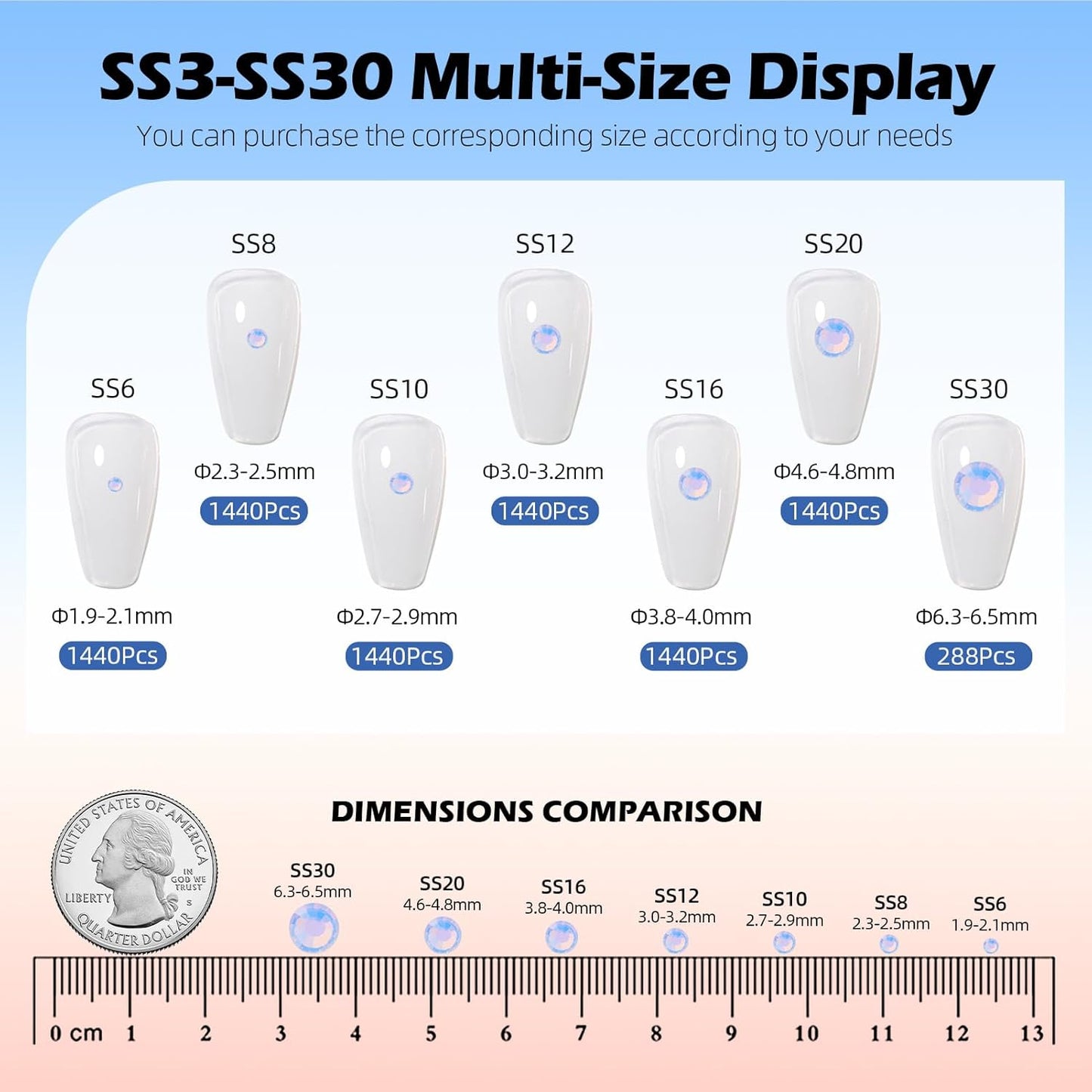 F Light Blue Flatback Rhinestones, Glass Rhinestones for Nail Art and Craft, Glue Fix, Loose Crystal Gemstones(F Light Blue, SS16, 1440pcs, 3.8-4.0mm)