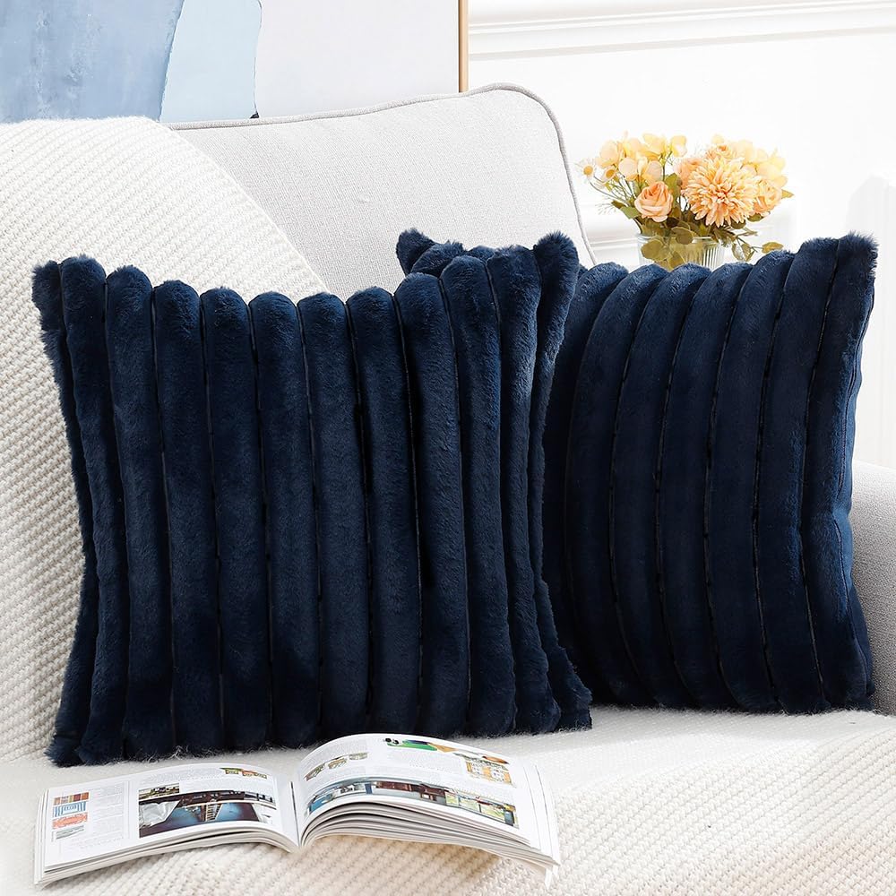 MADIZZ Set of 2 Faux Wool Plush Decorative Throw Pillow Covers 26x26 Inch Dark Blue Fluffy Striped Soft Decorative Cushion Cover for Sofa Bedroom Pillow Shell