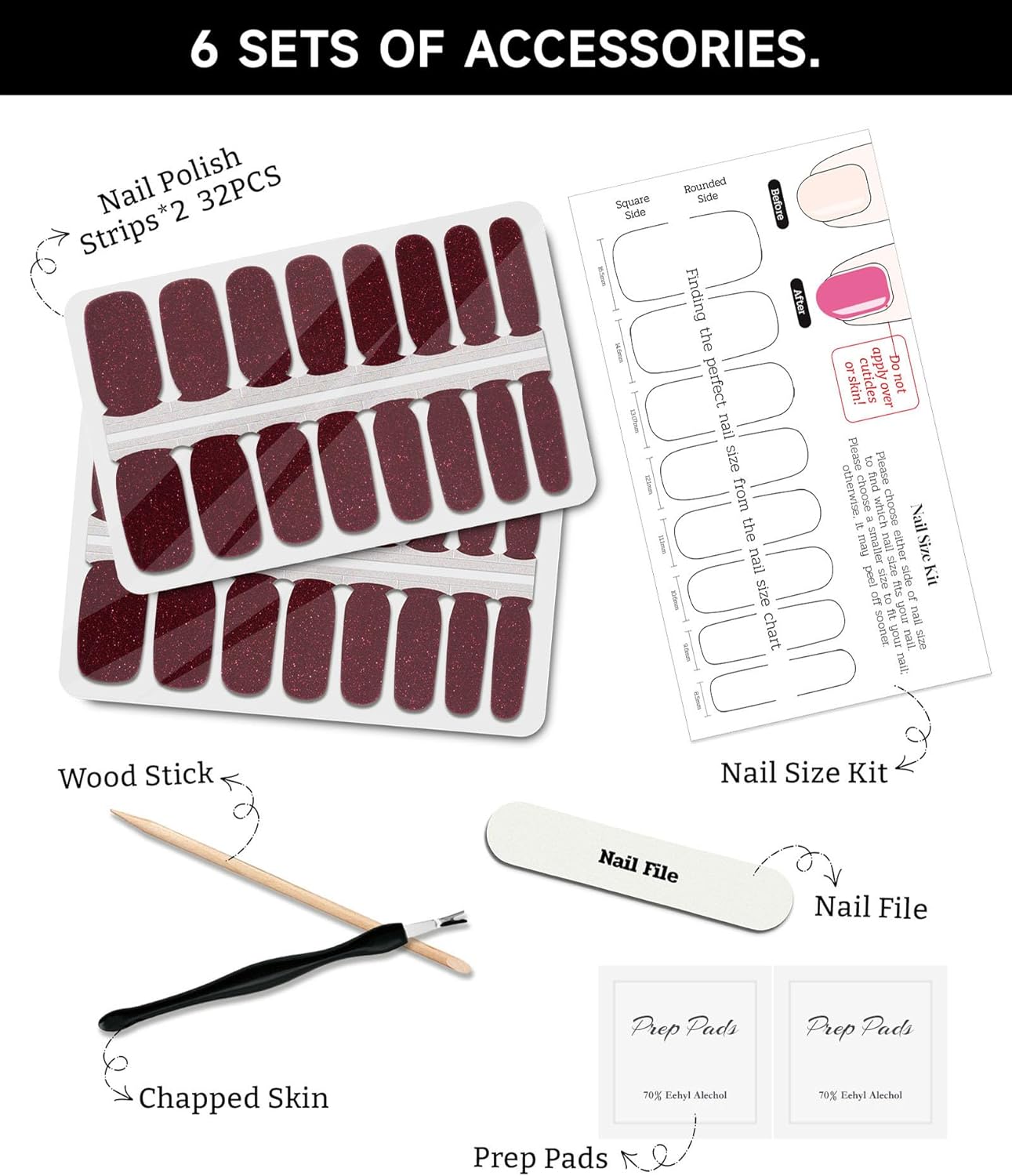 Glitter Nail Polish Strips, 32 Pcs Salon Quality Gel Nail Stickers, Long Lasting Wraps Easy to Use & Remove (Mature Maroon)