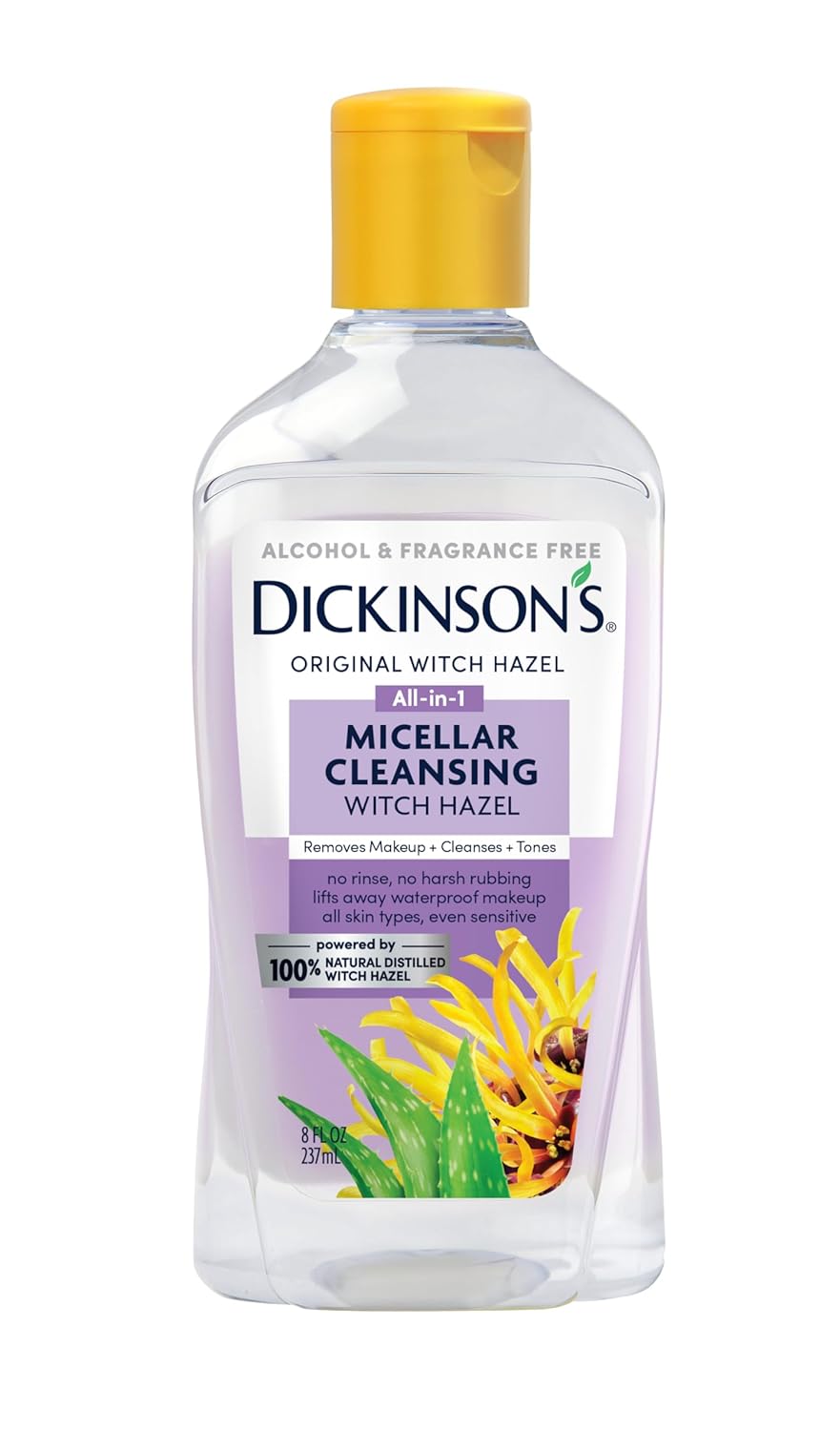 Dickinson's Micellar Cleansing Witch Hazel | 100% Natural Distilled Witch Hazel | Alcohol & Fragrance Free | Makeup Remover, Skin Cleanser, Facial Toner | Removes Dirt, Oil, Makeup | 8 Fl Oz