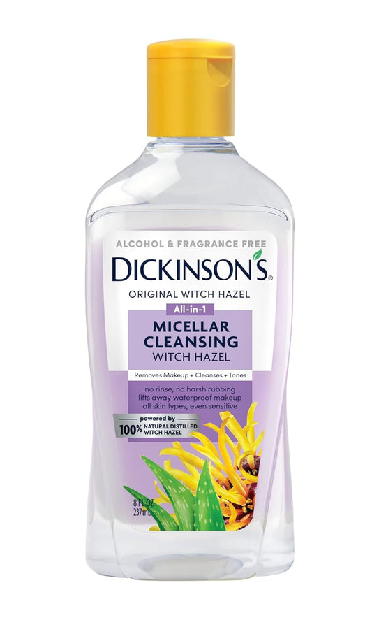 Dickinson's Micellar Cleansing Witch Hazel | 100% Natural Distilled Witch Hazel | Alcohol & Fragrance Free | Makeup Remover, Skin Cleanser, Facial Toner | Removes Dirt, Oil, Makeup | 8 Fl Oz