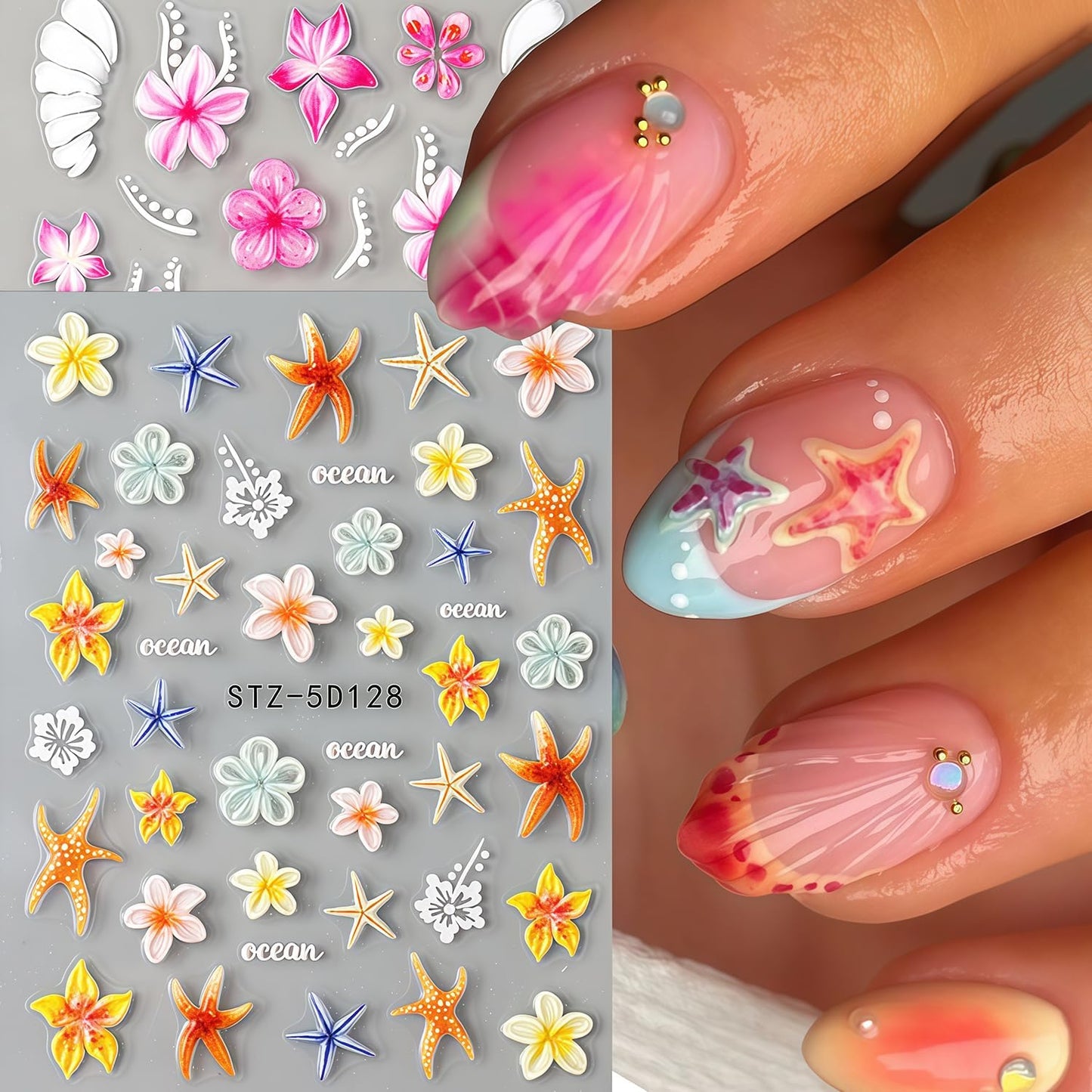 Summer Nail Stickers 5D Embossed Cute Flower Pattern Ocean Colorful Starfish Self-Adhesive Design Nail Art Stickers Beach Nail Decals for Women Festival Vacation Manicure Kit DIY Decoration