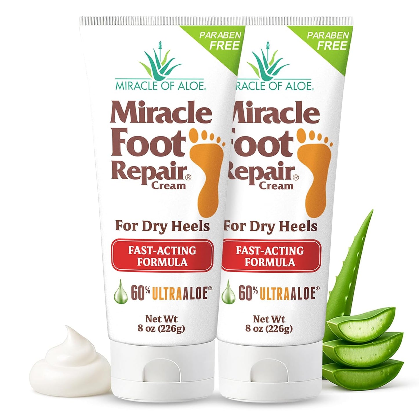Miracle Foot Repair Cream (8 oz / 2-Pack) Repairs Dry Cracked Heels and Feet, 60% Pure UltraAloe Moisturizes, Softens, and Repairs