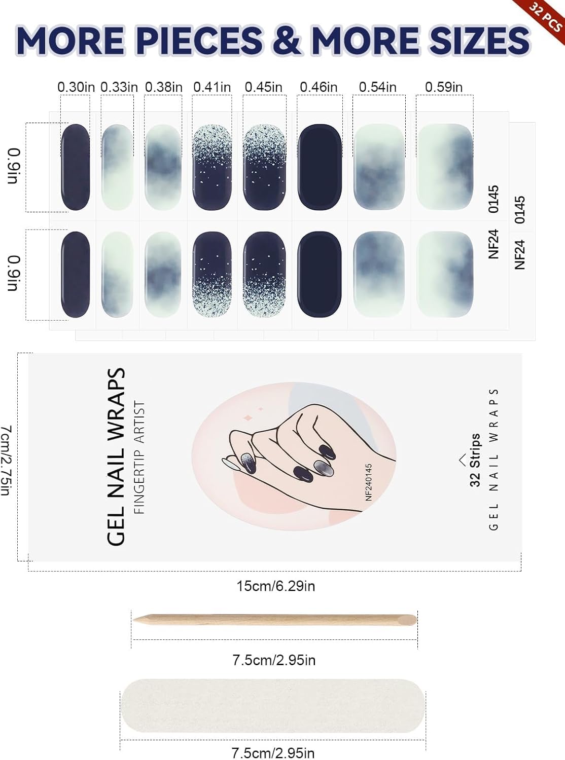 EBANKU 32PCS Semi-Cured Gel Nail Wraps Full Nail Polish Wraps Shiny Nail Decors UV/LED Lamp Required (Marble Blue)