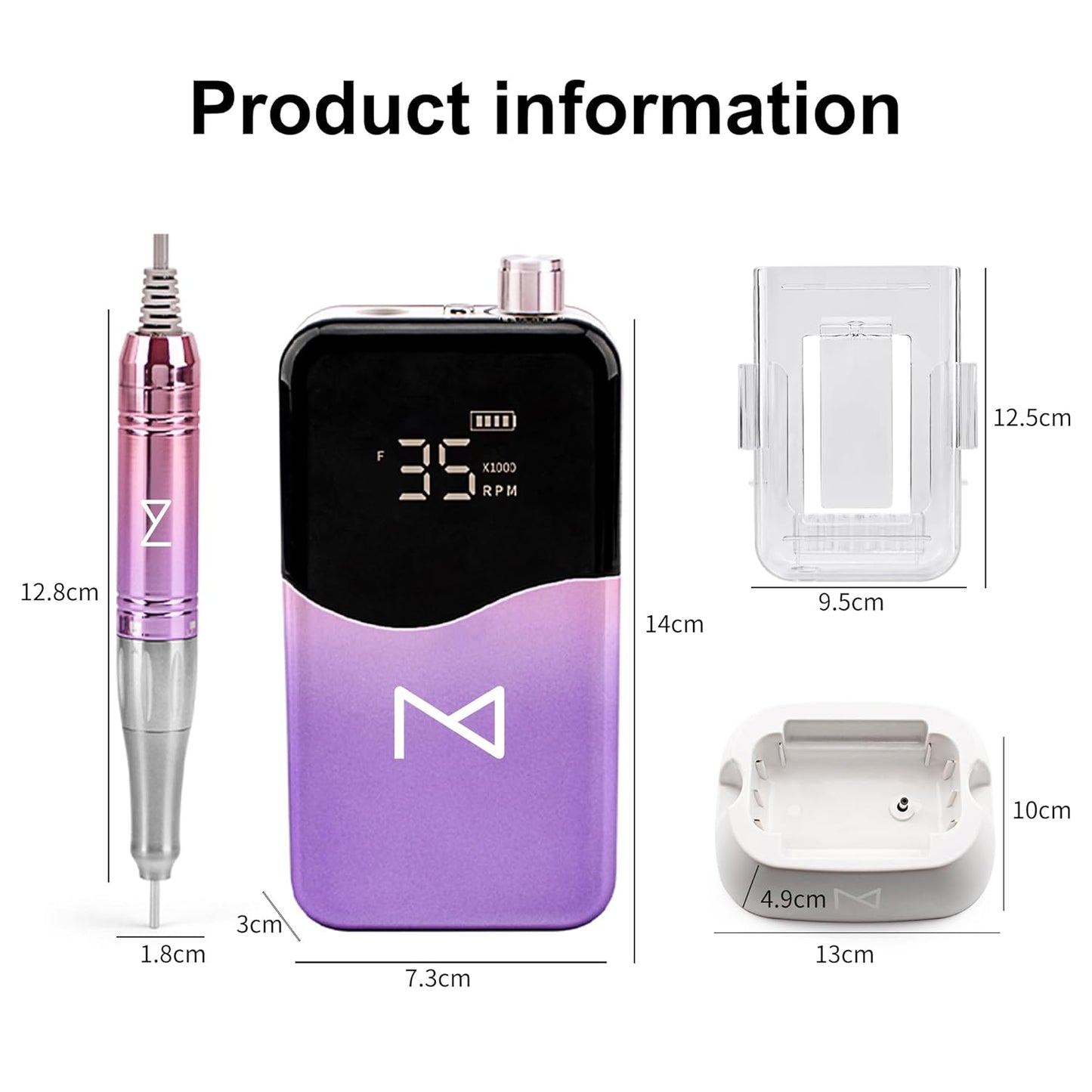 M Mase- Professional Nail Drill Machine - Coreless 2-in-1 Nail File - Electric, Cordless, 35000 RPM, HD Display - Electric Nail Drill for Professional & Home Use (Gold)