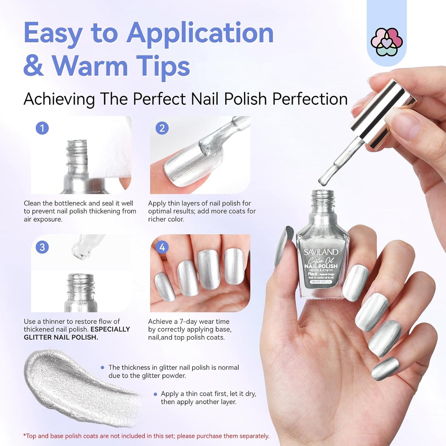 SAVILAND Silver Metallic Nail Polish: Chrome Nail Polish Air Quick Dry,10 ml Regular Fingernail Polish for Nail Art,Holographic Nail Art Polish for Finger Toe Manicure Nail Design Girls Home Salon