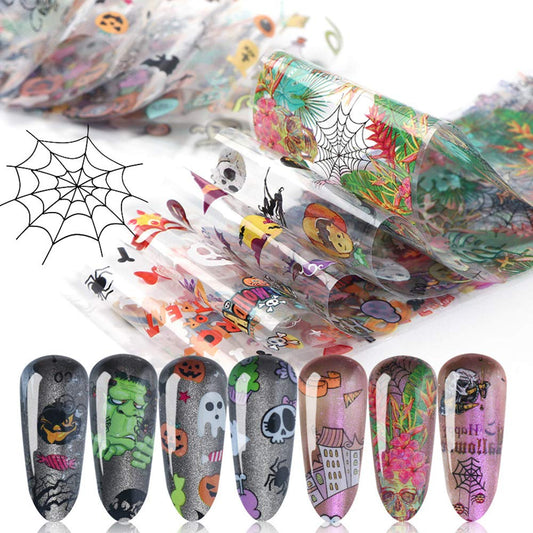 Halloween Nail Foil Sticker Set Fall Nail Art Stickers Day of The Dead Nail Art Decals Pumpkin Cat Charms Nail Decorations DIY Transfer Paper Holographic Nail Decor Wraps Accessory 10 Pcs/Pack