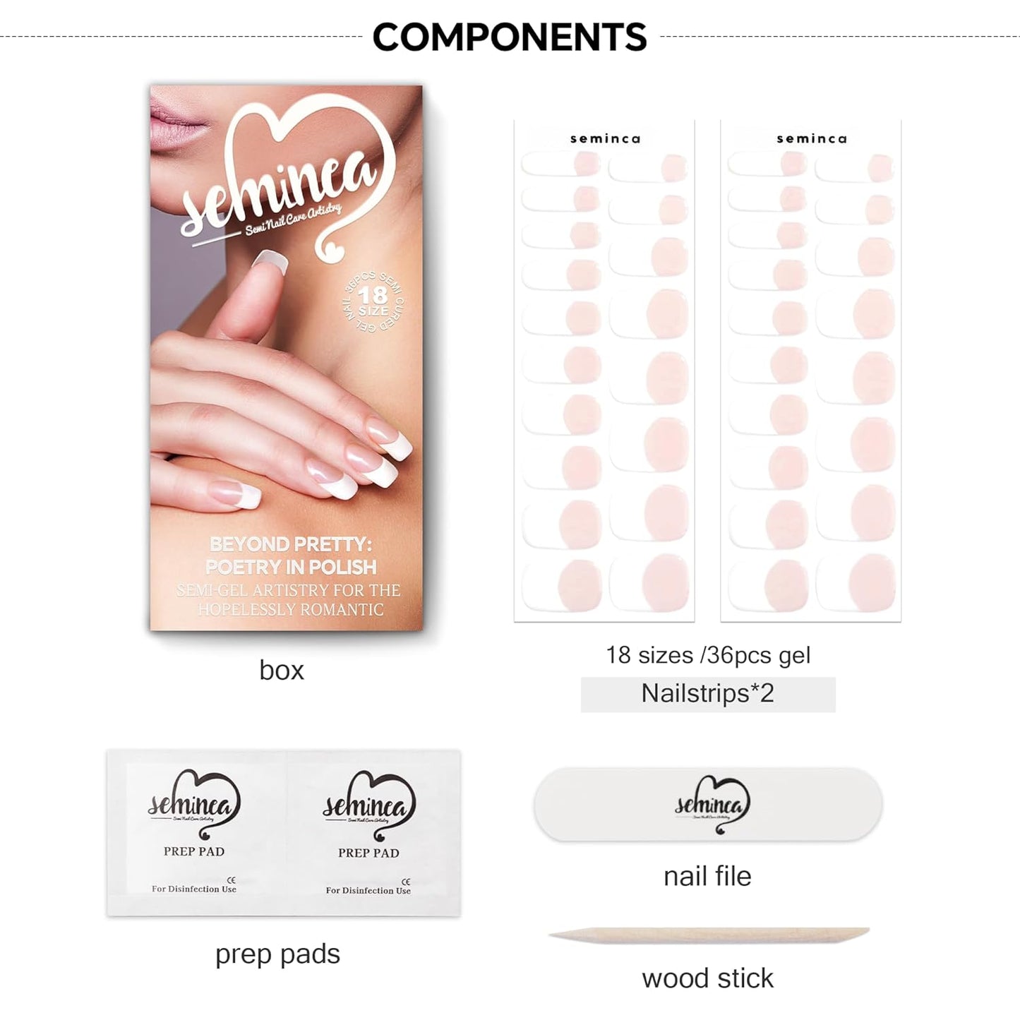 Semi Cured Gel Nail Strips-Semi-Cured Gel Nail Stickers French Tip Quick Press Ons for Busy Women Gym & Sauna Safe,Salon-Quality,Long Lasting Works with Any UV/LED Lamps(Basic French)