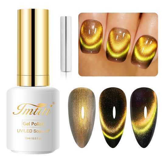 Imtiti Smile Gold Green Color Gel Nail Polish, 0.5fl oz Dopamine Cat Eye Spring Summer UV Nail Polish with Magnetic Stick, 15ML