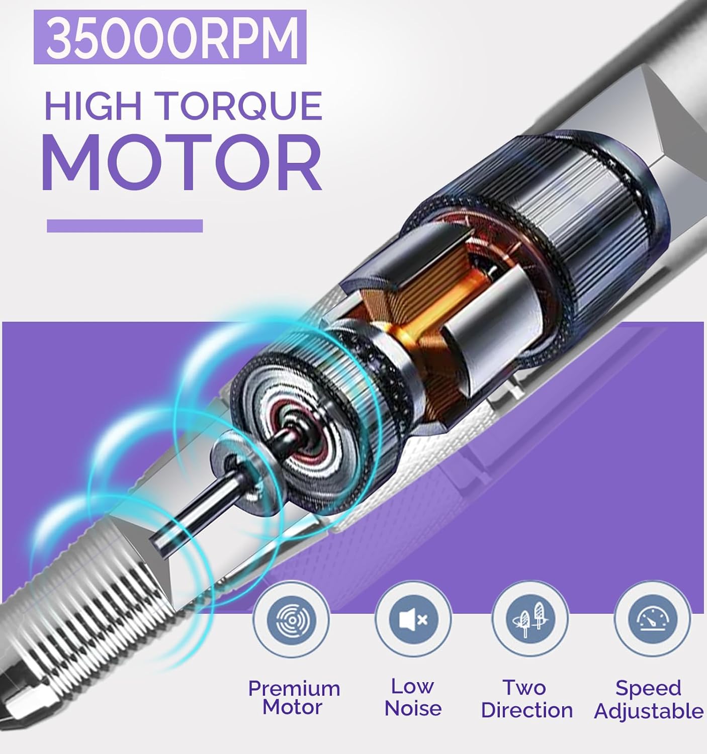 Professional Cordless Electric Nail Drill Kit – 35000 RPM Rechargeable E File with 10+ Hour Battery, 6-in-1 Bits – Portable Acrylic Gel Remover for Salon/Home,Drills para Uñas Professional