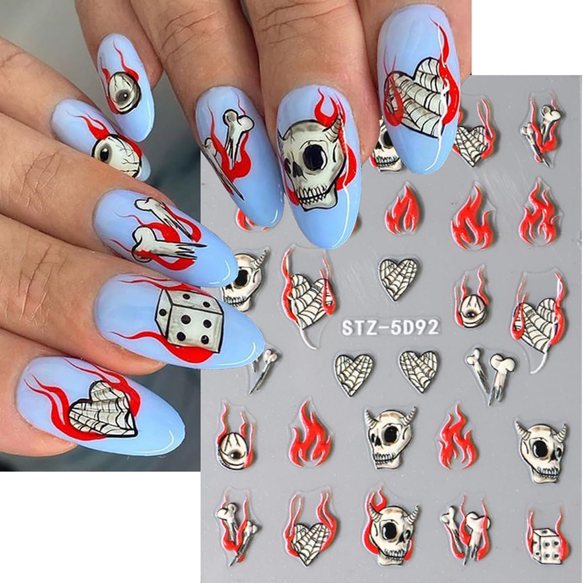 5D Halloween Nail Art Sticker - Embossed Horror Ghost & Skull Decals with Flame, Spider Web, Bat, Evil Eye & Skeleton Designs - Self-Adhesive for Women - 8 Sheets