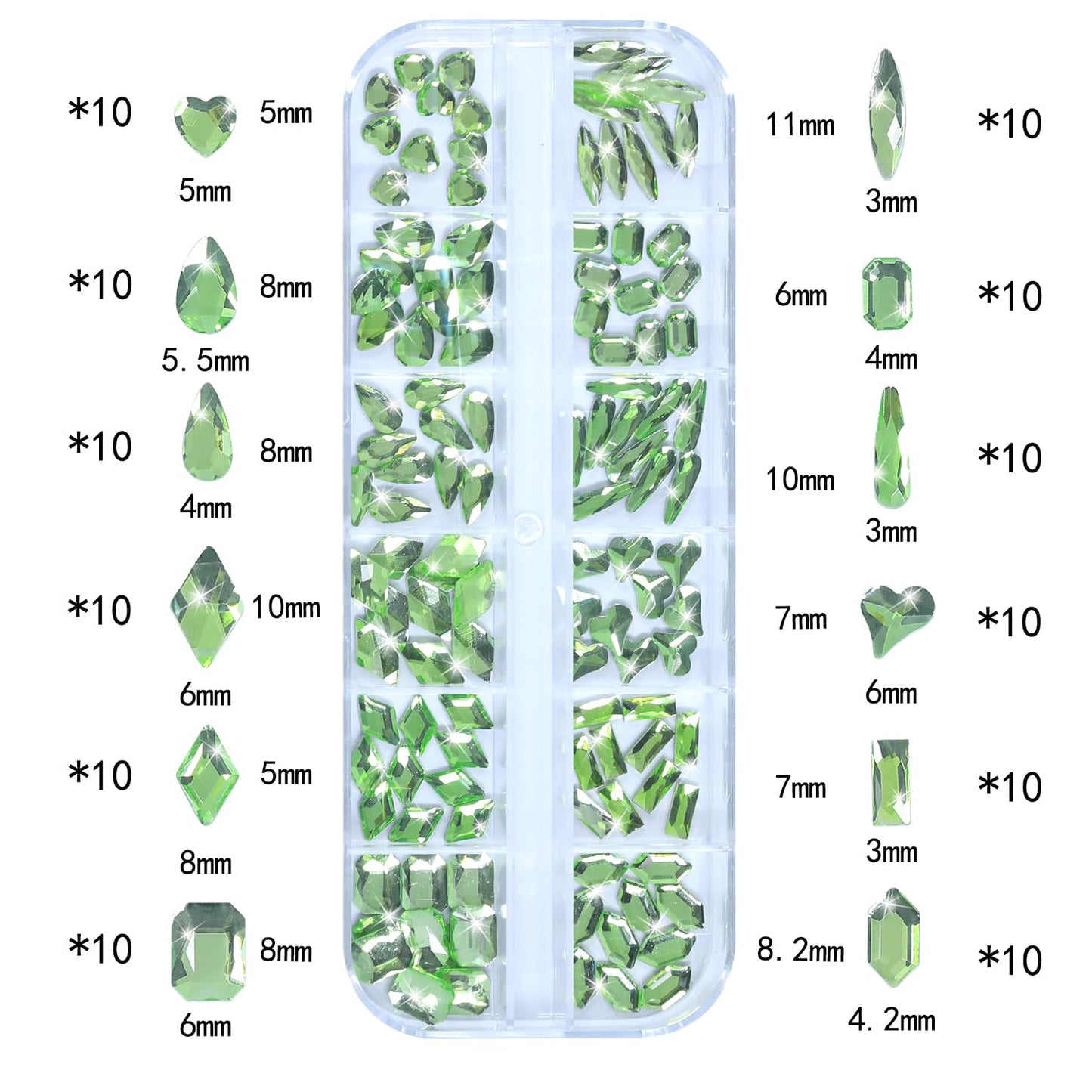 HNUIX Nail Rhinestones - 3D Multi Shape Size Crystal, Crystal Light Green, Flat Back, with Kit, for Nail Art, DIY Decorations