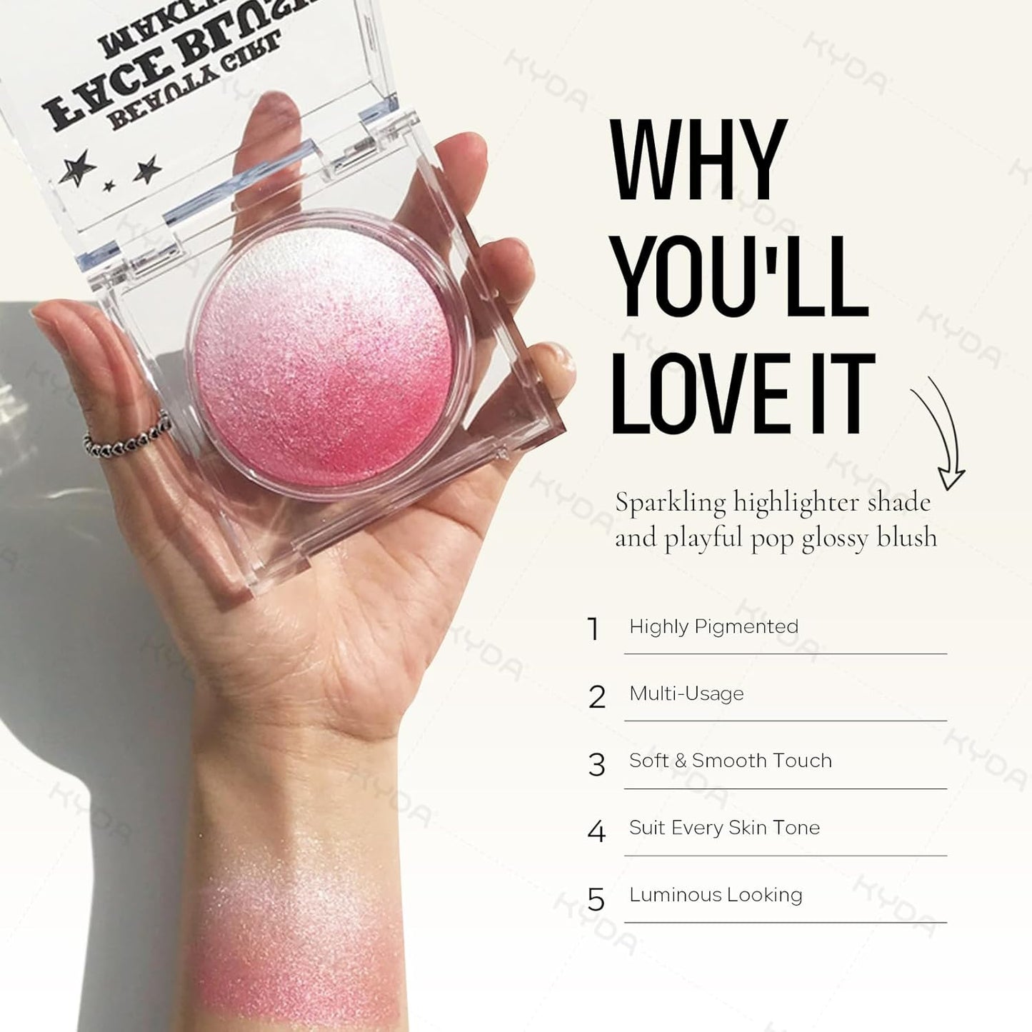 KYDA Pink Baked Blush, Pink Glow Powder for Blush and Highlighter, High Glossy Finish, Lightweight Blendable Shimmer Blusher, Multiuse Baked Powder, 0.53 oz