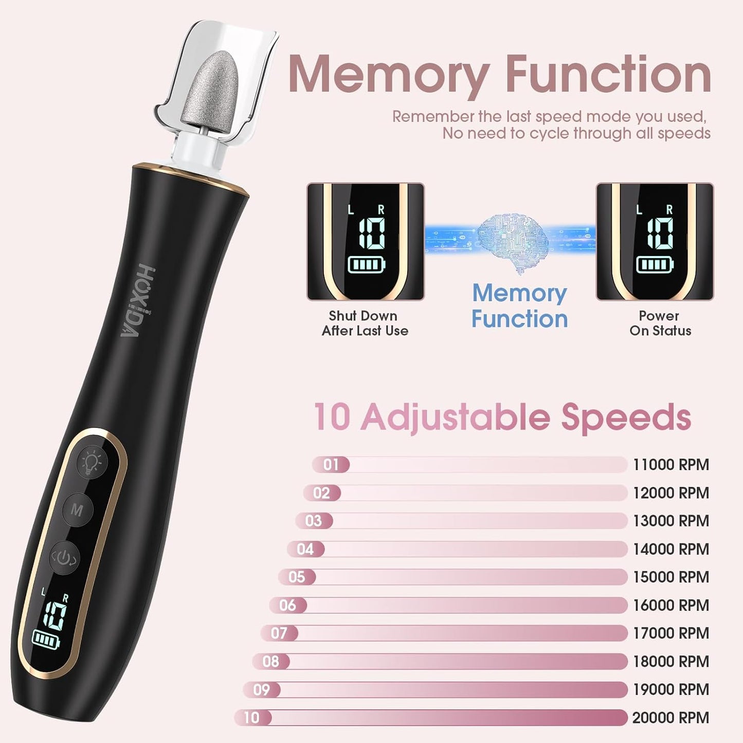 Electric Nail Drill, Professional Manicure Pedicure Kit, Cordless Electric Nail File Set, Rechargeable Pedicure Tools for feet, 10 Speeds Hand Foot Care Nail Drill for -360° LED Light Black