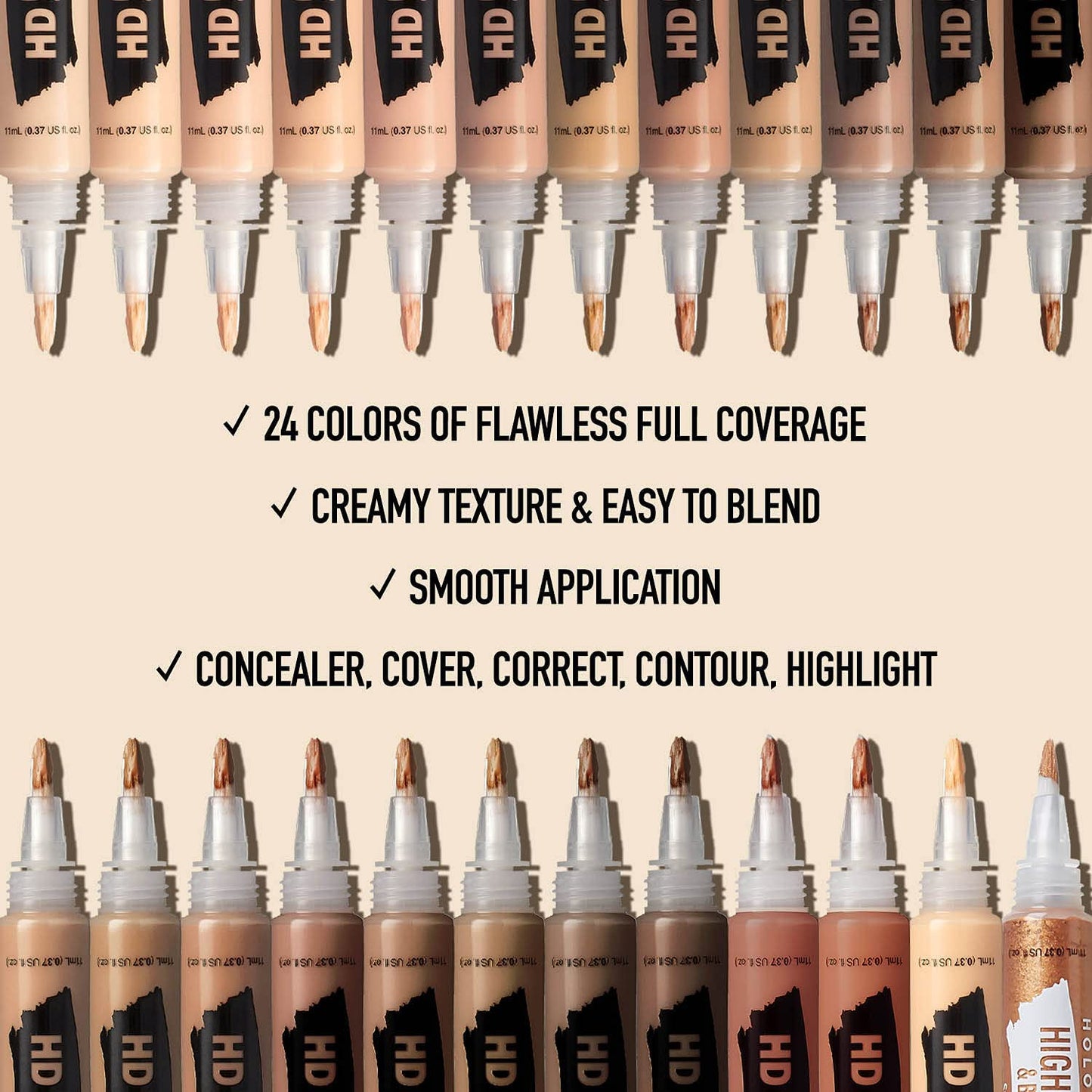 Ruby Kisses HD Brush Concealer & Foundation, Full Coverage, Color Correcting, Highlight, Contour 3 Pack (Rich Gold Bronzer)