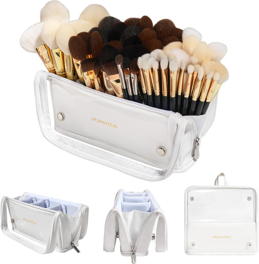 ROWNYEON Makeup Brush Bag, High Capacity Stand-Up Makeup Brush Holder, Travel Professional Cosmetic Bag Artist Organizer Bag Large Makeup Brush Case with Adjustable Divider (Brushes Not included)