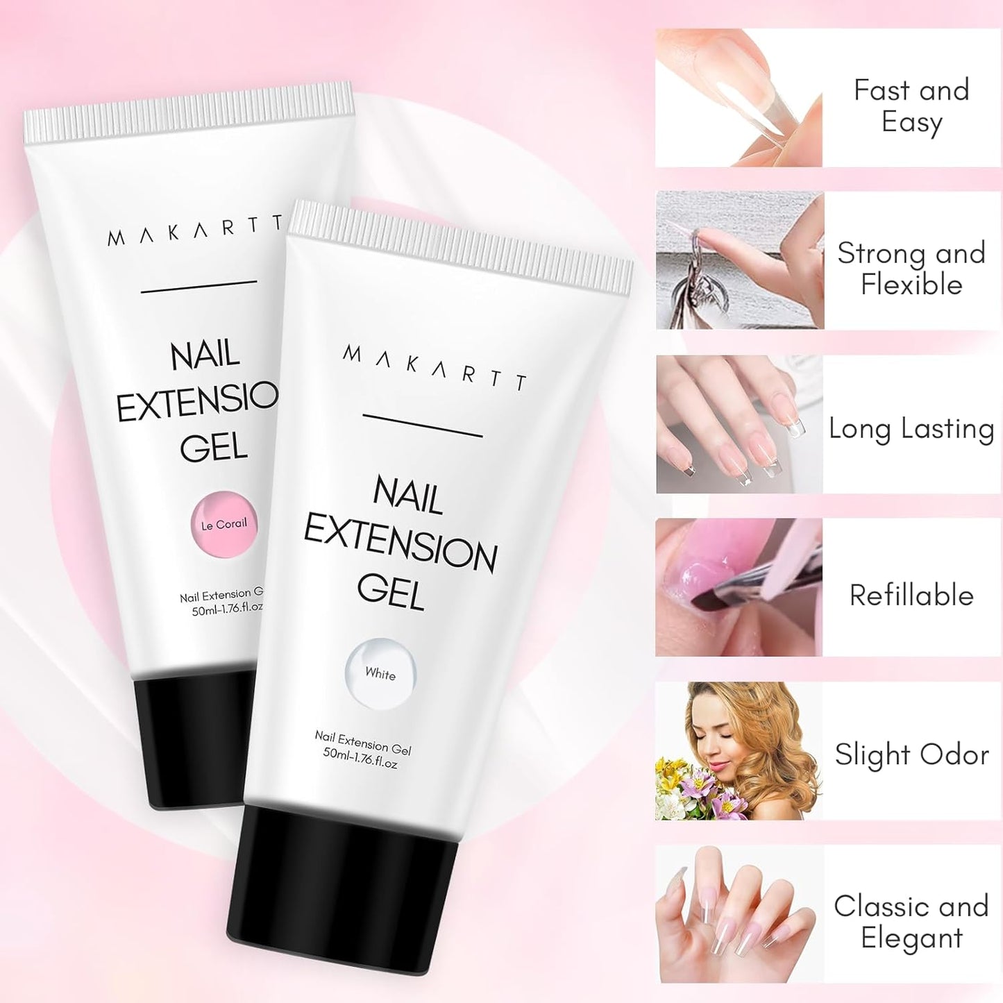 Makartt Poly Nail Gel Kit, 2 PCs 50ML Poly Extension Gel Nail Kit White Pink Colors, Gel Builder for French Design Nail Extension Natural-Looking, Nail Strengthener, 3D Diy Hard Gel Manicures