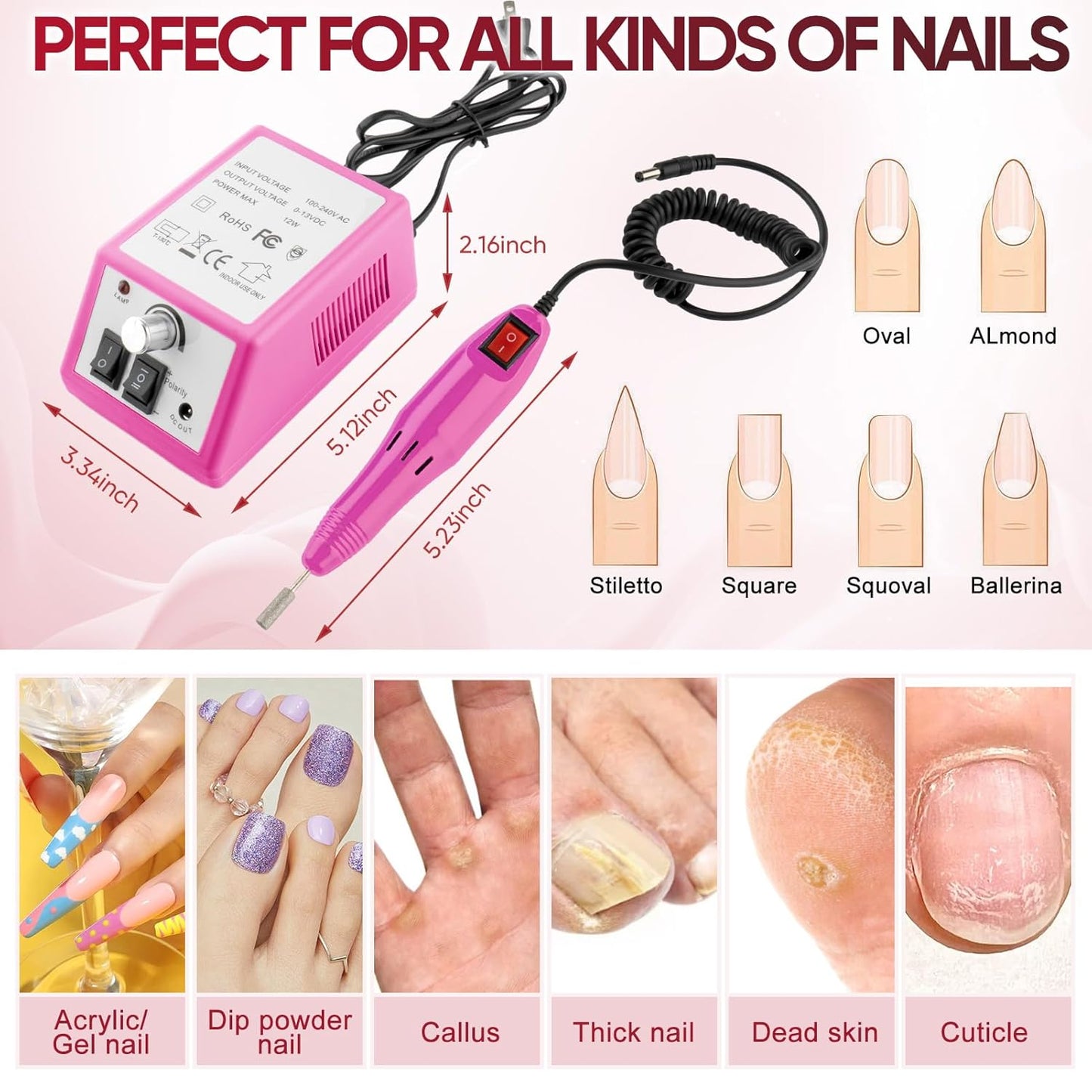 Professional Electric Nail Drill Machine Nails File Kit Manicure Pedicure Set for Acrylic Nail Gel Dip Powder Art Shape Remover Tool Polisher Grinder Low Noise with 156pcs Sanding Bands