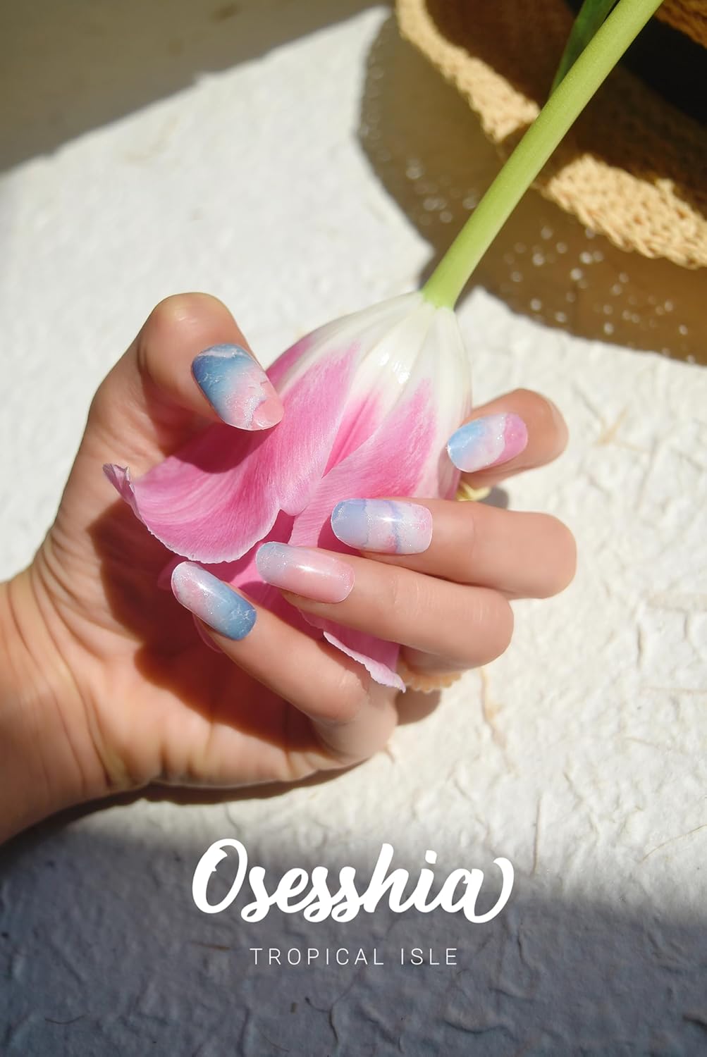 Semi Cured Gel Nail Strips, 20 pcs Nail Wraps, Glaze Stickers, Salon Quality French Manicure, Full Decal Gel Polish Strips, Long Lasting SCG, Easy on, UV Required (Tropical Isle)