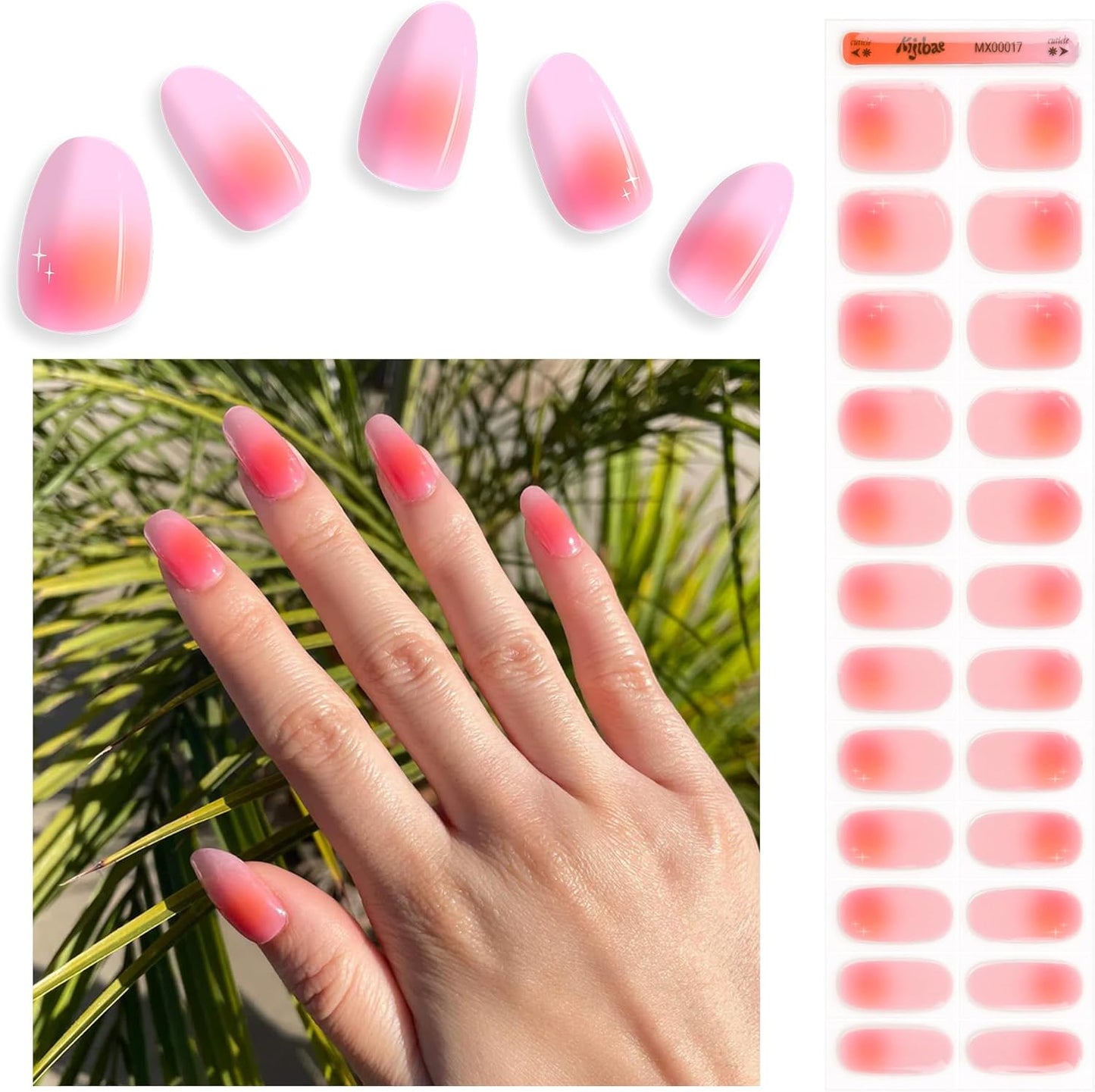 Semi Cured Gel Nail Strips - Minimalist Ombre Nail Polish Wraps, Works with Any UV Lamp - Long Lasting Easy Salon Manicure - 24pcs with 2 Prep Pads, Nail File & Cuticle Stick (Rainbow Sherbet)