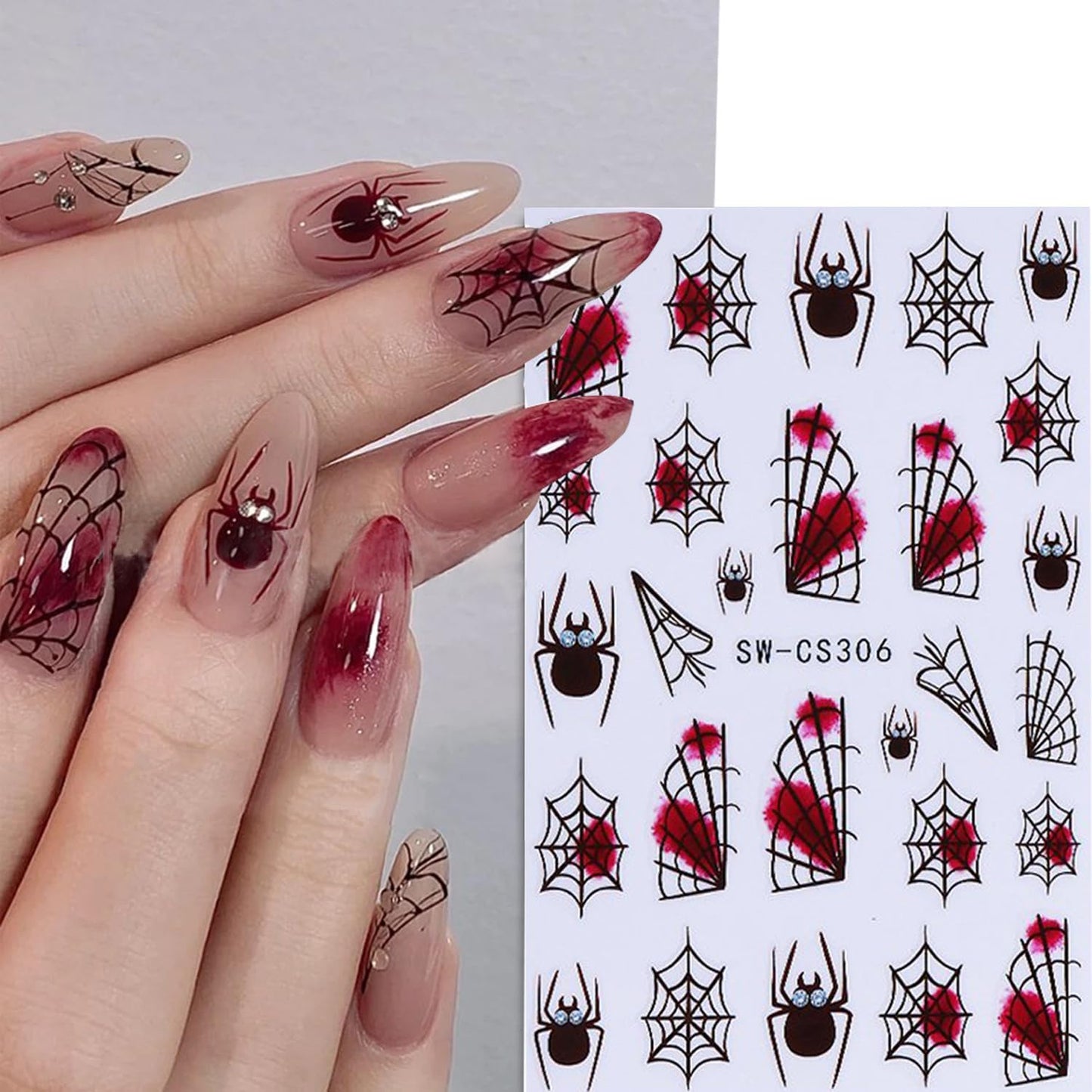 6 Sheets Halloween Nail Art Stickers 3D Self -Adhesive Blood Spider Web Nail Decals Holographic Black Blue Spider Blood Drops Nail Stickers Halloween Nail Decoration for Women Manicure Supplies