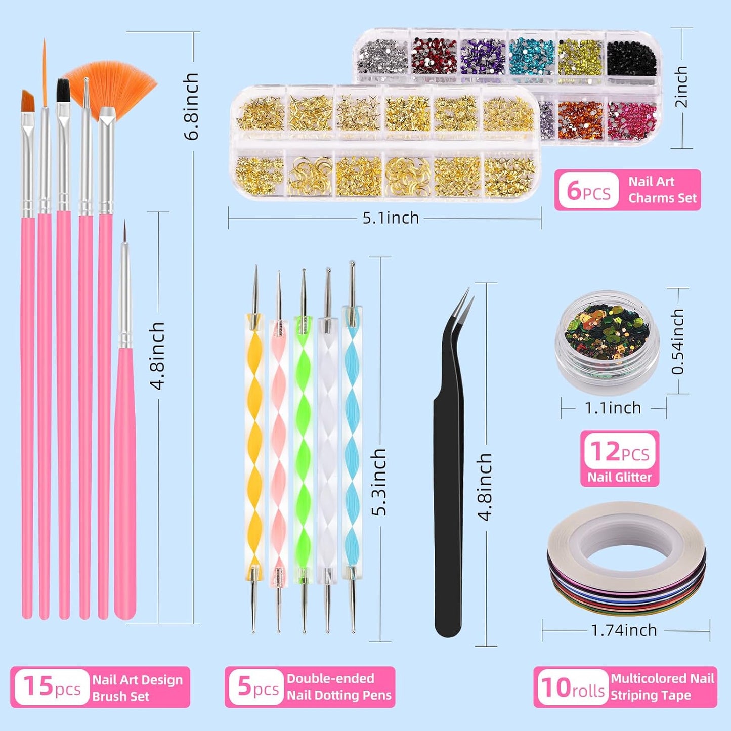 Nail Art Kit for Beginners with Nail Brushes Set and Dotting Tools, Jumbo Holographic Glitter Sequins 2-6mm Rhinestones 3D Pink&White Flowers Metal Studs Colorful Striping Tape with Tweezers (03-Pink)