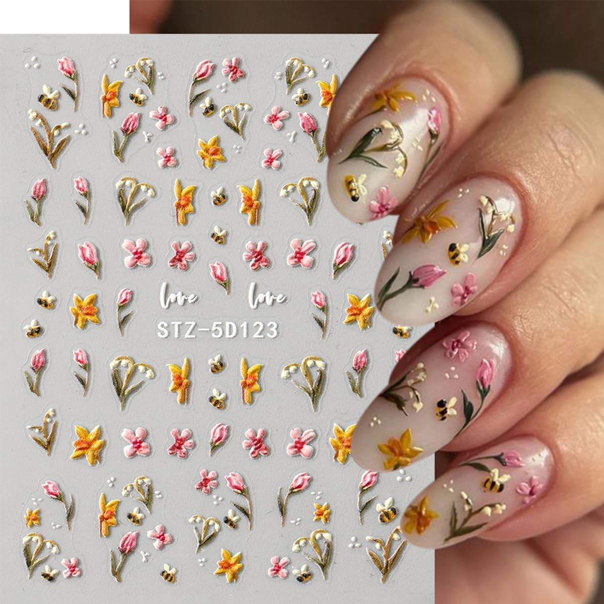 5D Flowers Nail Stickers for Nail Art Cute Bee Ladybug Small Floral Nail Decals Self-Adhesive Summer Nail Art Stickers Strawberry Peach Blossom Leaf Nail Design Manicure Supplies for Women 4 Sheets
