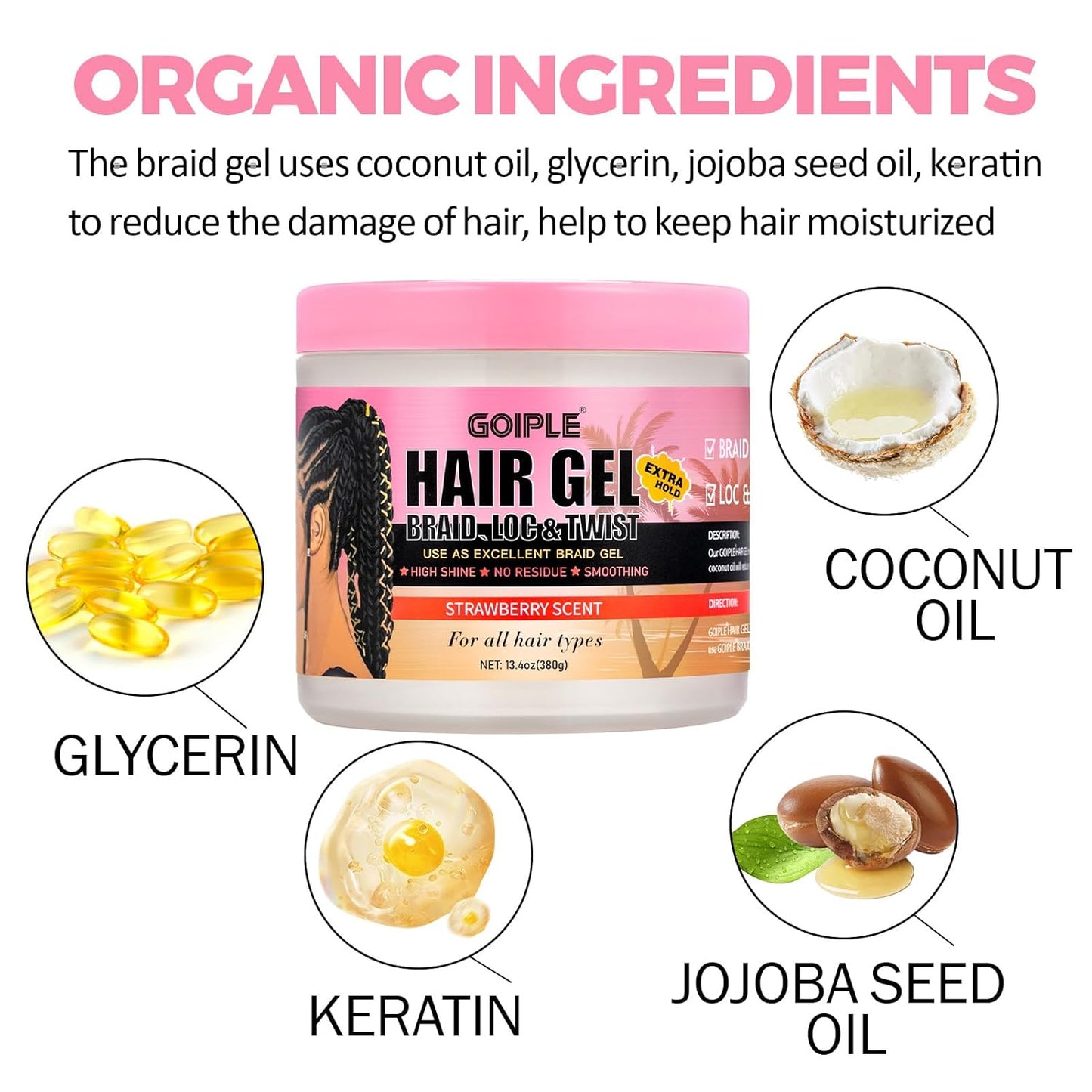 13.4oz Braiding for Twist, Locs, Braids, No Flake Extra Hold High Shine Braid Gel & Edge Control, Loc Gel Long Lasting for Locks, Cornrows Smooths & Tames Frizz Braiding Wax for All Hair Braid Types