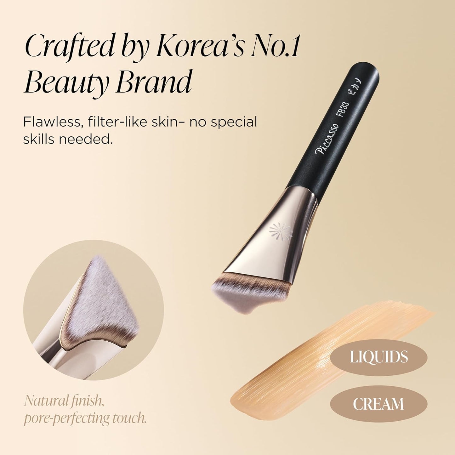 Piccasso FB33 Foundation Brush – Tapping Cover Brush for Liquid & Cream Foundation, Fills Pores with Soft Bristles for Smooth and Flawless Face Makeup, Professional Korean Beauty Tool