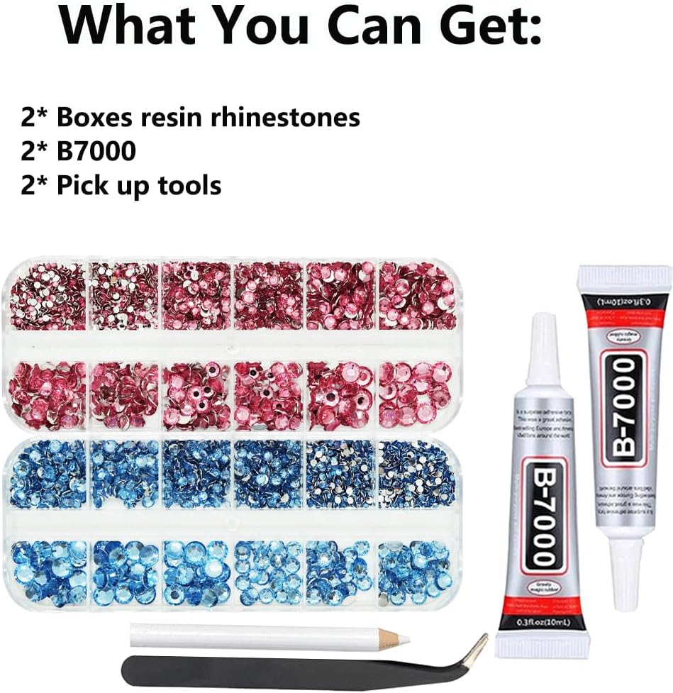 Rhinestones for Bedazzling with B7000 Glue, Pink Light Blue 2mm 3mm 4mm 5mm 6mm (SS8-SS30) Non-Hotfix Flatback Diamonds Kit, Baby Blue Nail Crystals Gems Beads for Bedazzle Crafting, DIY Nail Art