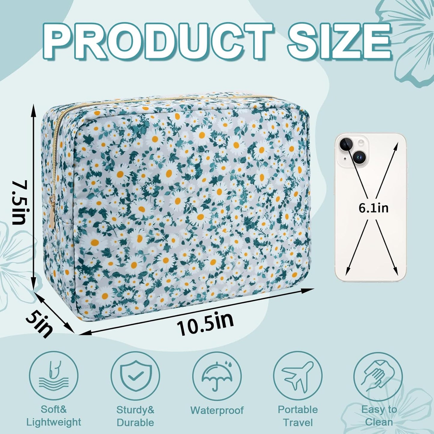 Waterproof Large Floral Makeup Pouch,Nylon Travel Toiletry Storage Purse Preppy Cosmetic Bag for Women Girl,Large Capacity Makeup Organizer Zipper Pouch for Work(L Green-Daisy)