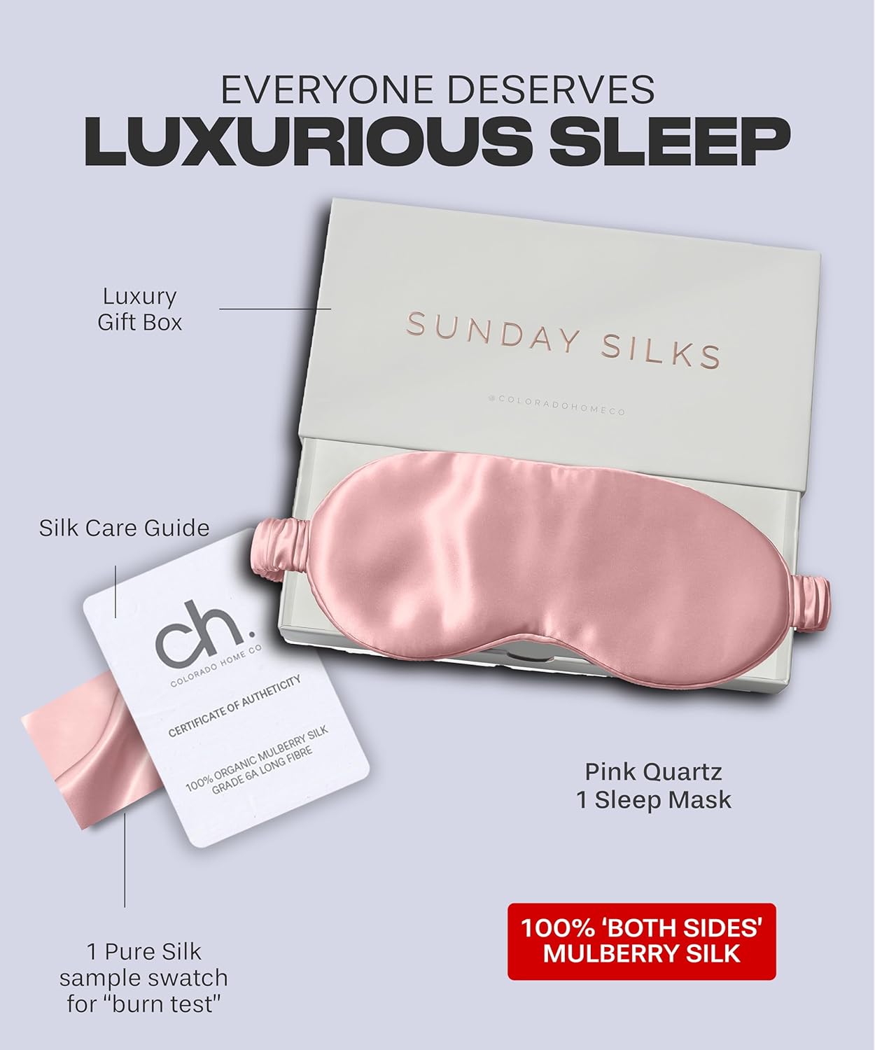 SUNDAYSILKS™ Exclusive Mulberry Silk Sleep Mask | Soft Eye Covers, Blackout Sleeping Mask for Women & Men | Silk Eye Mask for Sleep, Travel, and Relaxation | Antifaz para Dormir [Pink Quartz]