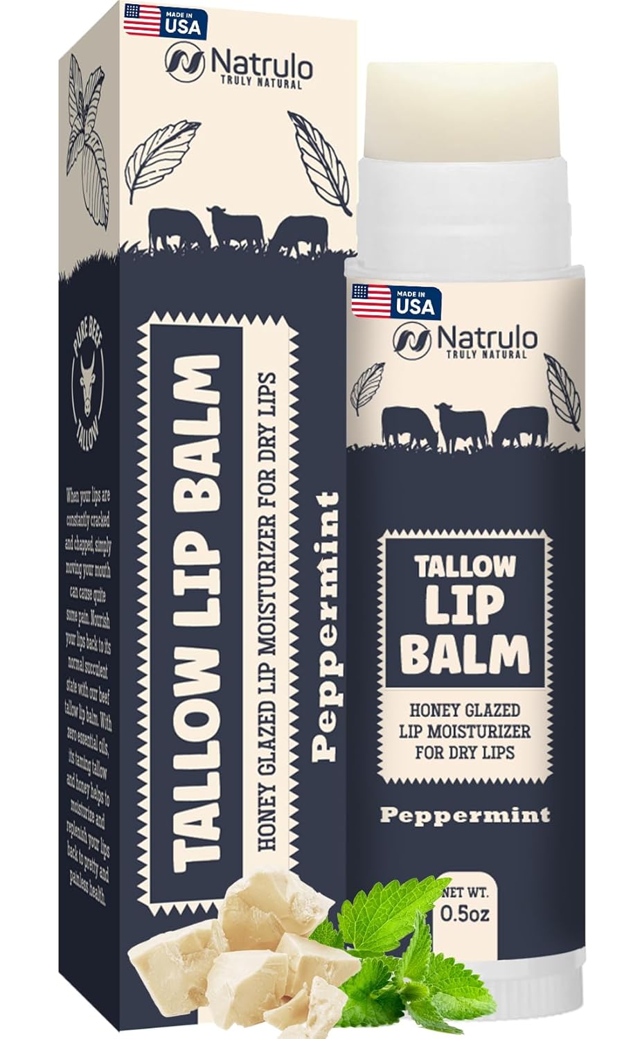 Beef Tallow Lip Balm – Natural Tallow Beeswax Chapstick – Hydrating Moisturizer Grass Fed Bison Tallow Balm Lip Care – Soothes Chapped, Dry Lips, Sensitive Skin – Long Lasting & Vitamin Rich USA-Made