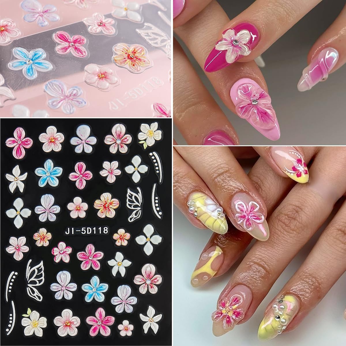 Flowers Nail Stickers 4 Sheets 5D Embossed Floral Nail Decals, Summer Neon Nail Design, 3D Acrylic Engraved Hibiscus Flowers Rose Butterfly Stickers for Nail Art Pegatinas Uñas