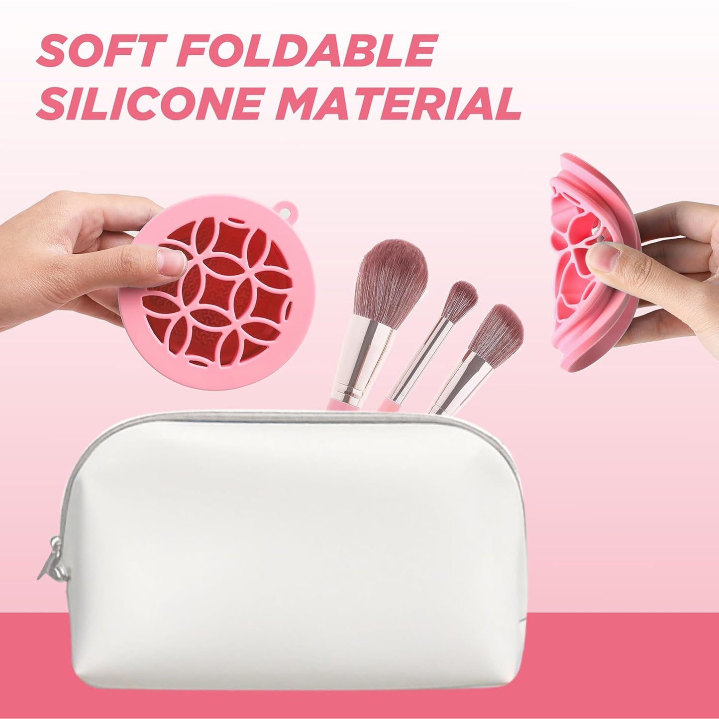 Makeup Brush Cleaner - Foldable Silicone Makeup Brush Cleaner Mat with Brush Storage Holder Makeup Brush Cleaning Bowl Cosmetic Brush Washing Tool for Cleaning Organizer and Drying (Pink)