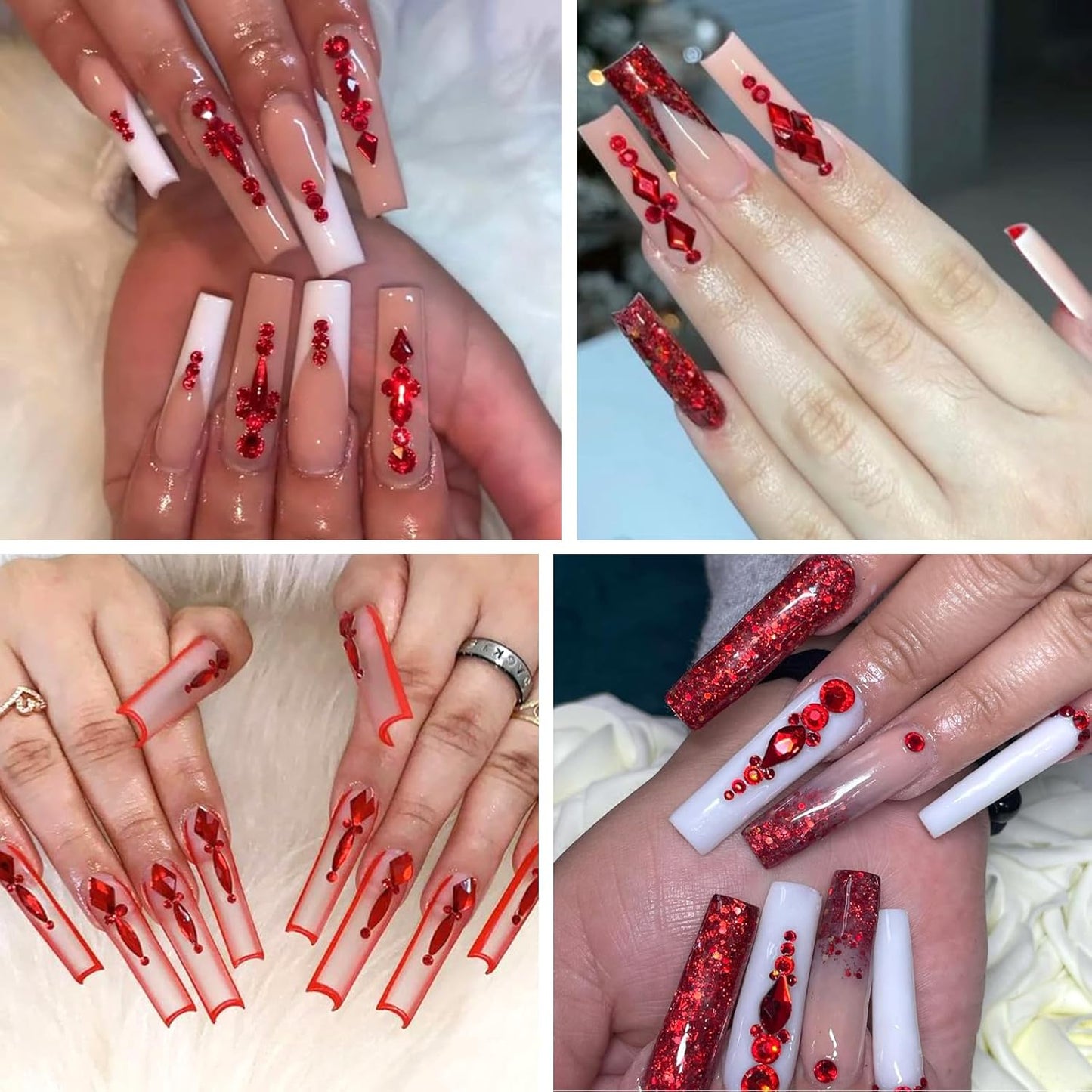 Nail Rhinestones - 3D Multi Shape Size, Flat Back, Crystals Manicure Rhinestones Charms, Red Nail Gems, with Kit, for Nail Art, Bedazzling Acrylic Nails, DIY Decor