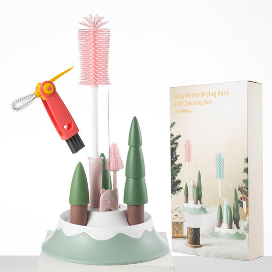 Baby Bottle Drying Rack and Cleaning Set, with Straight Silicone Baby Bottle Brush, Pacifier Brush, Straw Brush, Cup Lid Cleaning Brush, 2025 Xmas Holiday Surprise Gift for Newmom, Z Pink