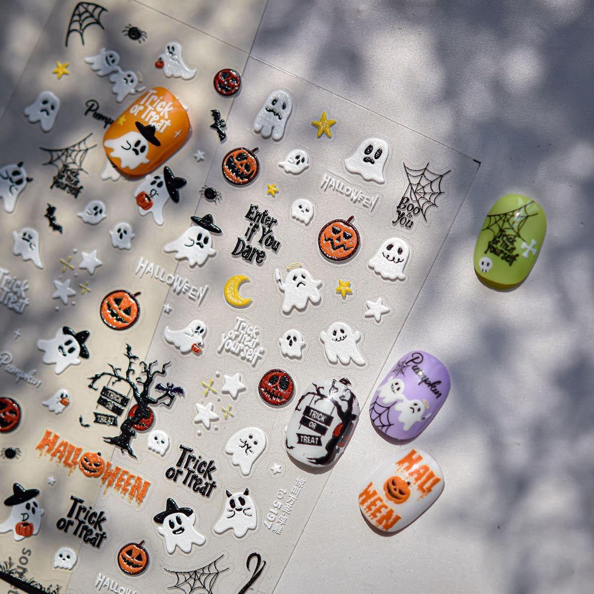 5D Embossed Halloween Nail Stickers Cute Ghost Pumpkin Self-Adhesive Nail Art Pegatinas Uñas with Spider Web Designs Halloween Nails Decals DIY Manicure Supplies for Women Nails Art Decoration 1Sheet