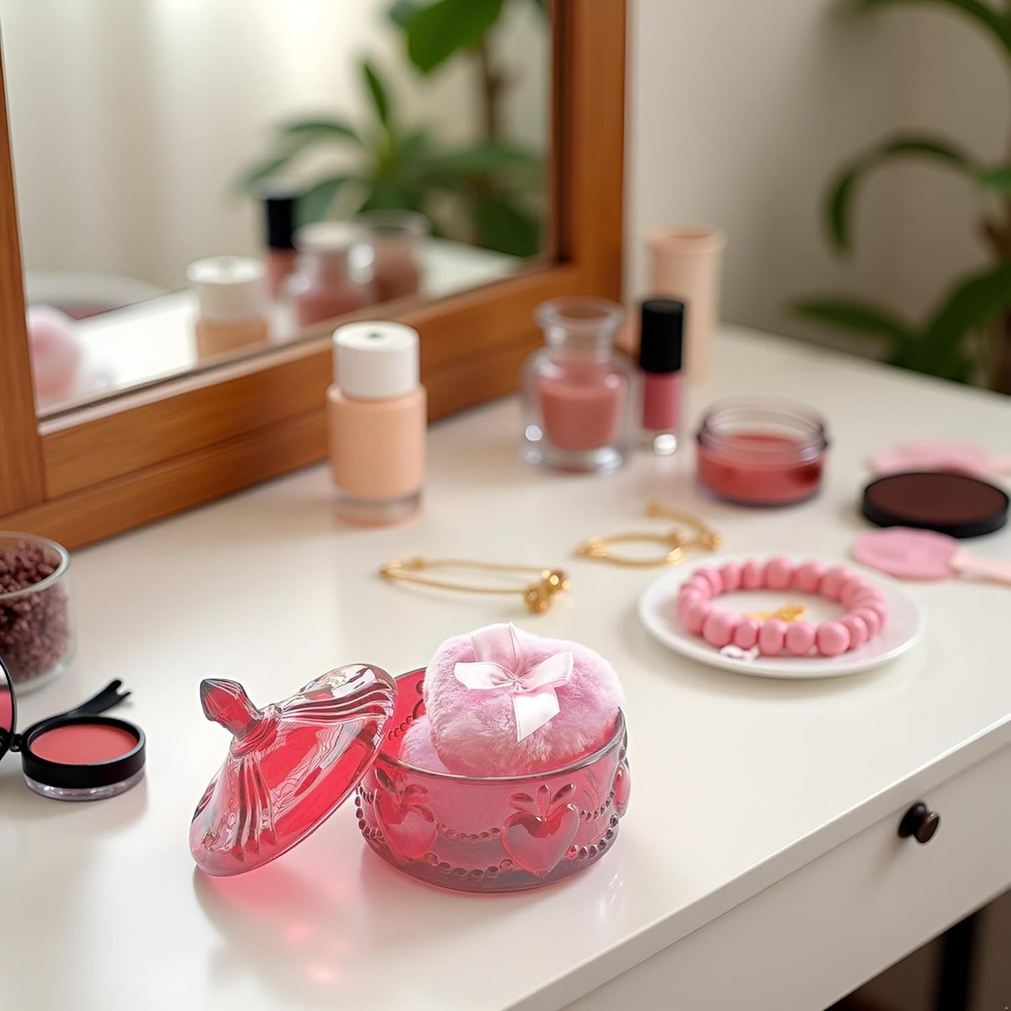 Body Powder Puff and Container - Glass Dusting Powder Container with 2 Soft Puffs Vintage Powder Puff Case for Women & Girls (3.93x3.93x4.13 H in) - GRB017-Red