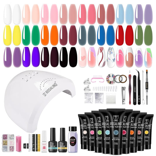 ROSALIND 20 PCS Colors Poly Nail Gel Kit -Neon Poly Nails Gel Kit Starter Kit - Slip Solution Pro Nude Pink Nail Extensions Gel Set With UV Lamp Drill Nail Art Builder Kit