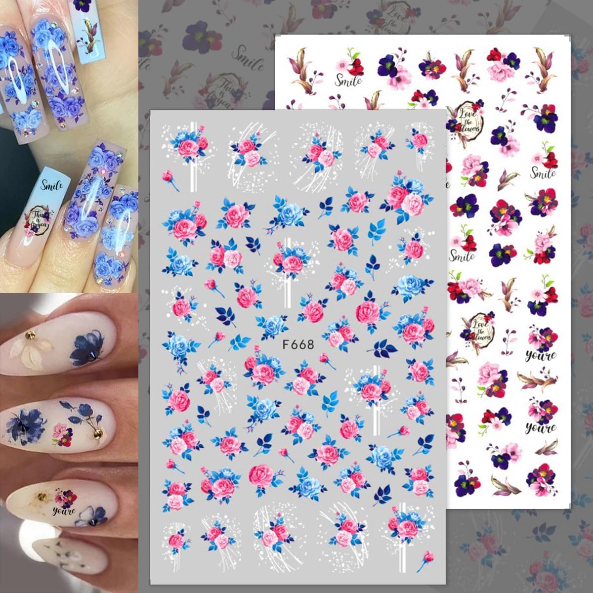 Flowers Nail Art Stickers Decals 10 Sheets 3D Self Adhesive Flower Nail Design Stickers Spring Summer Blossom Flowers Floral Nail Decals for Women DIY Manicure Flowers Nail Stickers Decoration Supply