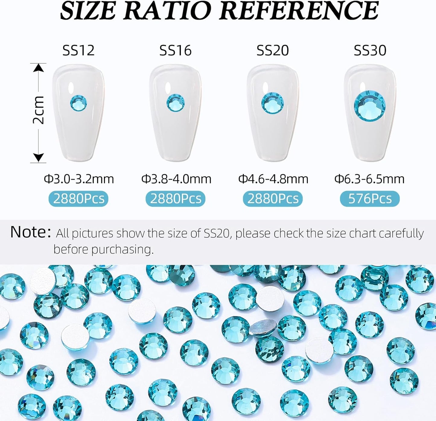 Aquamarine Flatback Rhinestones, Glass Rhinestones for Nail Art and Craft, Glue Fix, Loose Crystal Gemstones(Aquamarine, SS16, 2880pcs, 3.8-4.0mm)