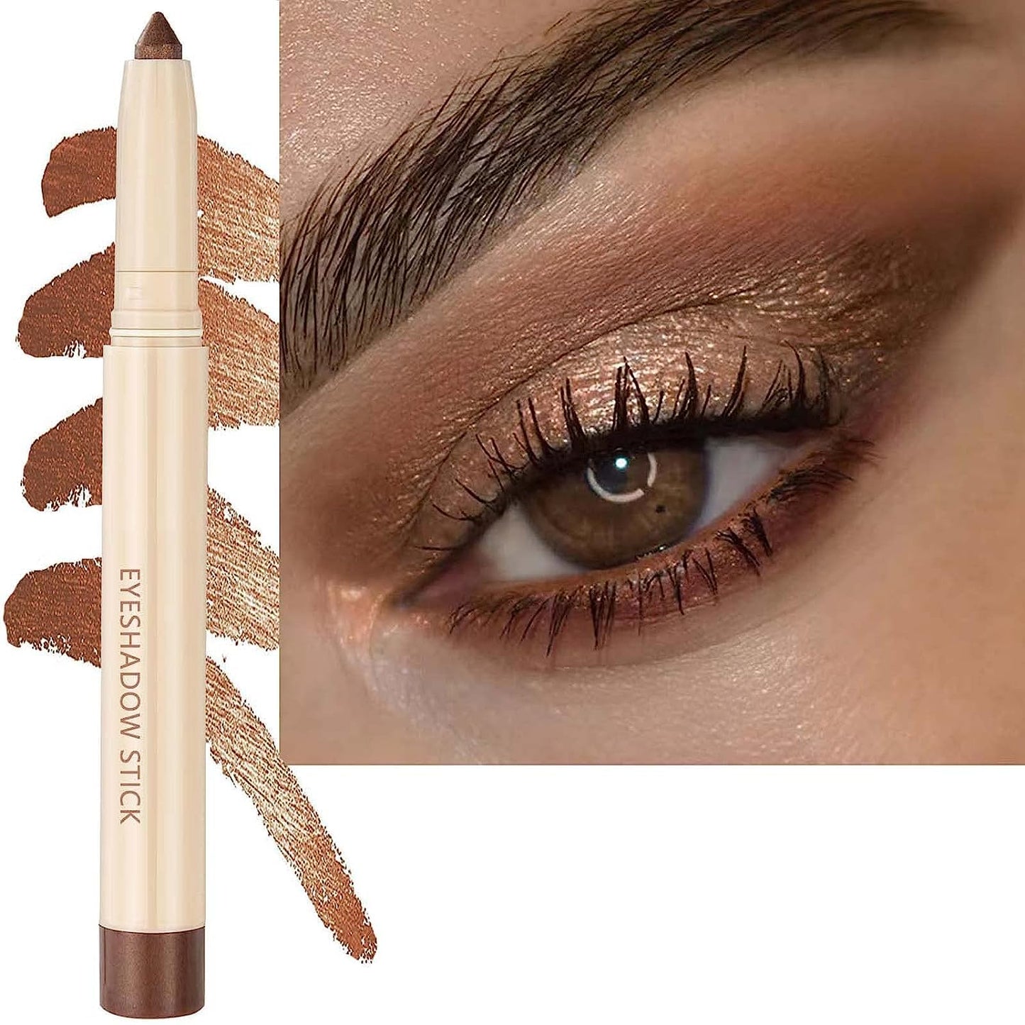 Brown Eyeshadow Stick, Smooth Cream Shimmer Eyeshadow Pencil, Waterproof Long Lasting High Pigmented Hypoallergenic Eye Shadow Highlighter Stick Create Multi-Dimension Eyes Look(16# Brown Shimmer)