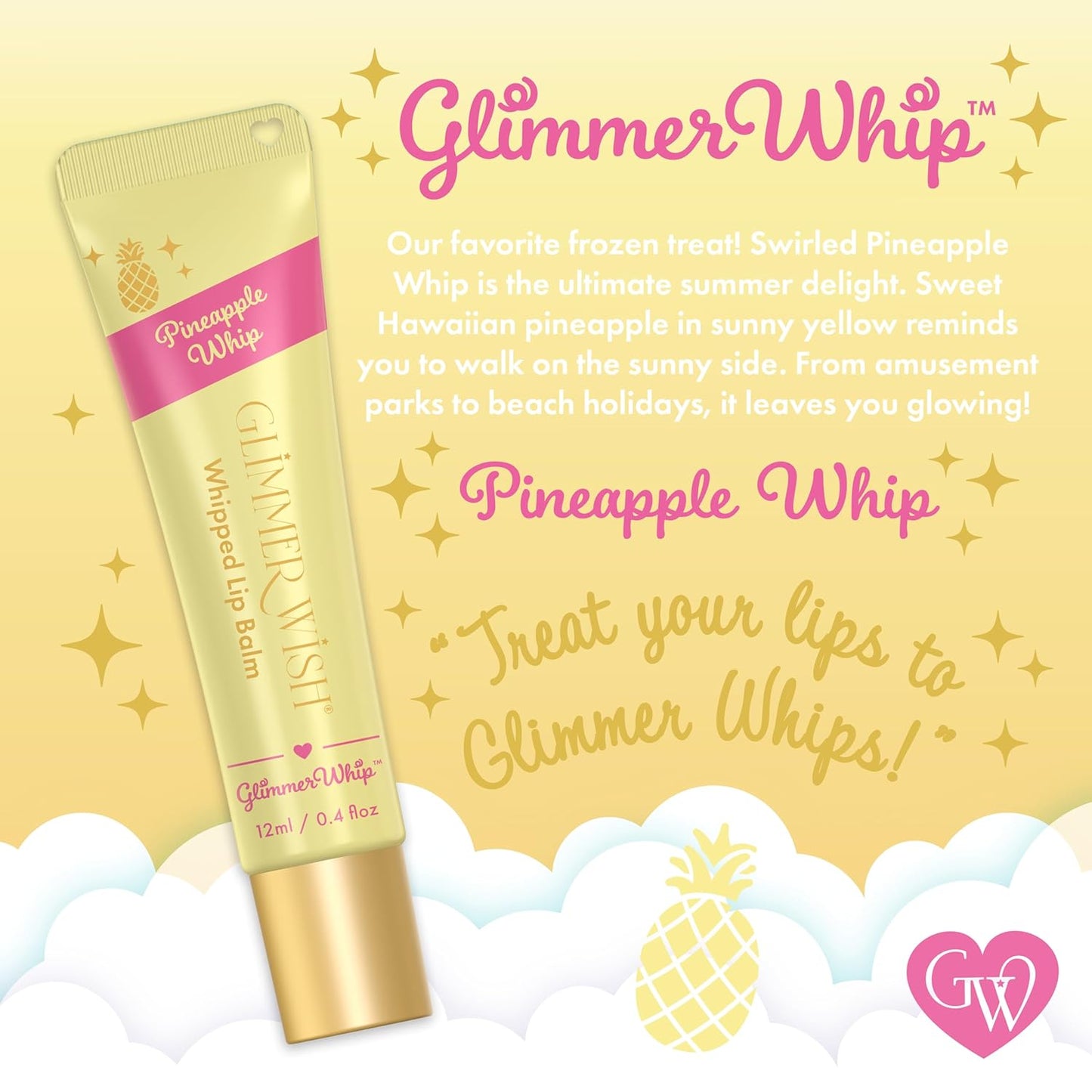 Glimmer Wish Glimmer Whip Hydrating Lip Balm – Organic Castor & Jojoba Oils, Shea & Cocoa Butters – Vegan, Non-Toxic, Moisturizing Lip Care (Pineapple Whip)